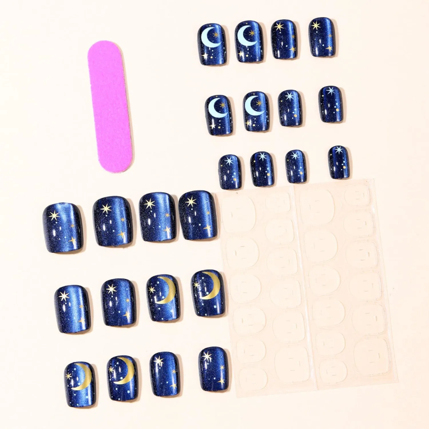 Dark Blue Press on Nails Short Square Fake Nails Starry Night False Nails with Moon Star Design Blue Artificial Nails Full Cover Starry Sky Acrylic Nails Glossy Stick on Nails for Women Manicure 24Pcs