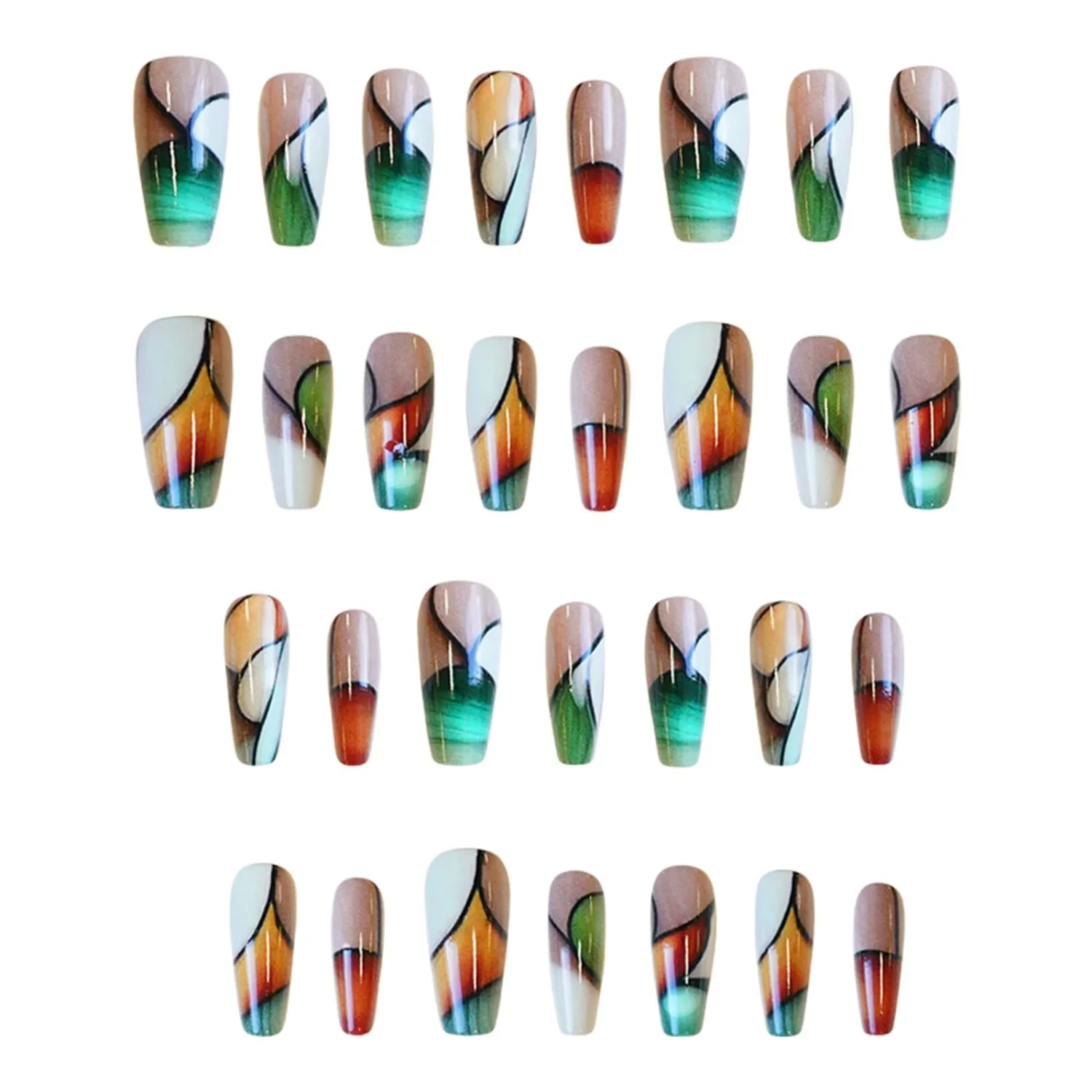 Long Press on Nails Coffin Shape Fake Nails Artistic Line False Nails Full Cover Artificial Acrylic Nails Colorful Acrylic Press Ones Glossy Stick on Nails for Women Spring Summer Manicure Decoration