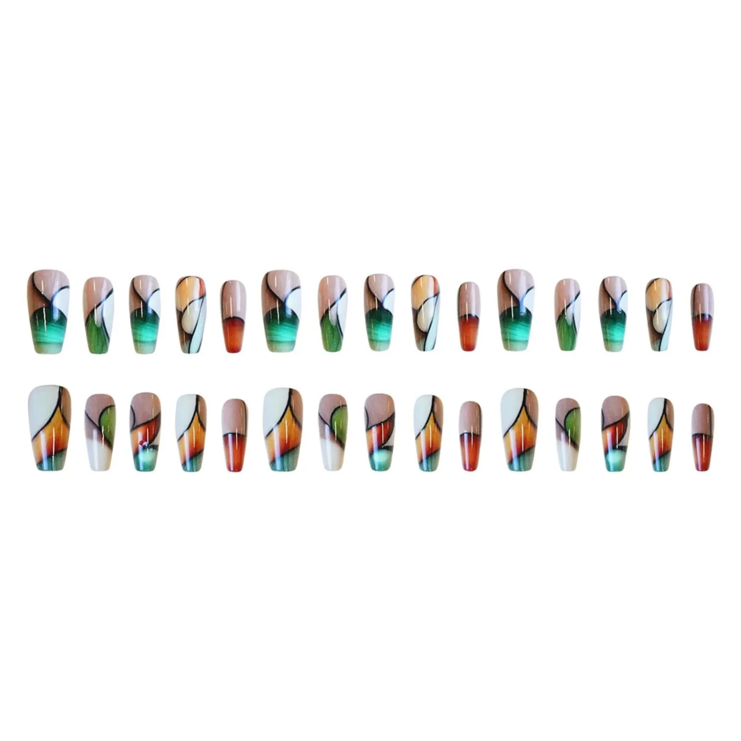Long Press on Nails Coffin Shape Fake Nails Artistic Line False Nails Full Cover Artificial Acrylic Nails Colorful Acrylic Press Ones Glossy Stick on Nails for Women Spring Summer Manicure Decoration