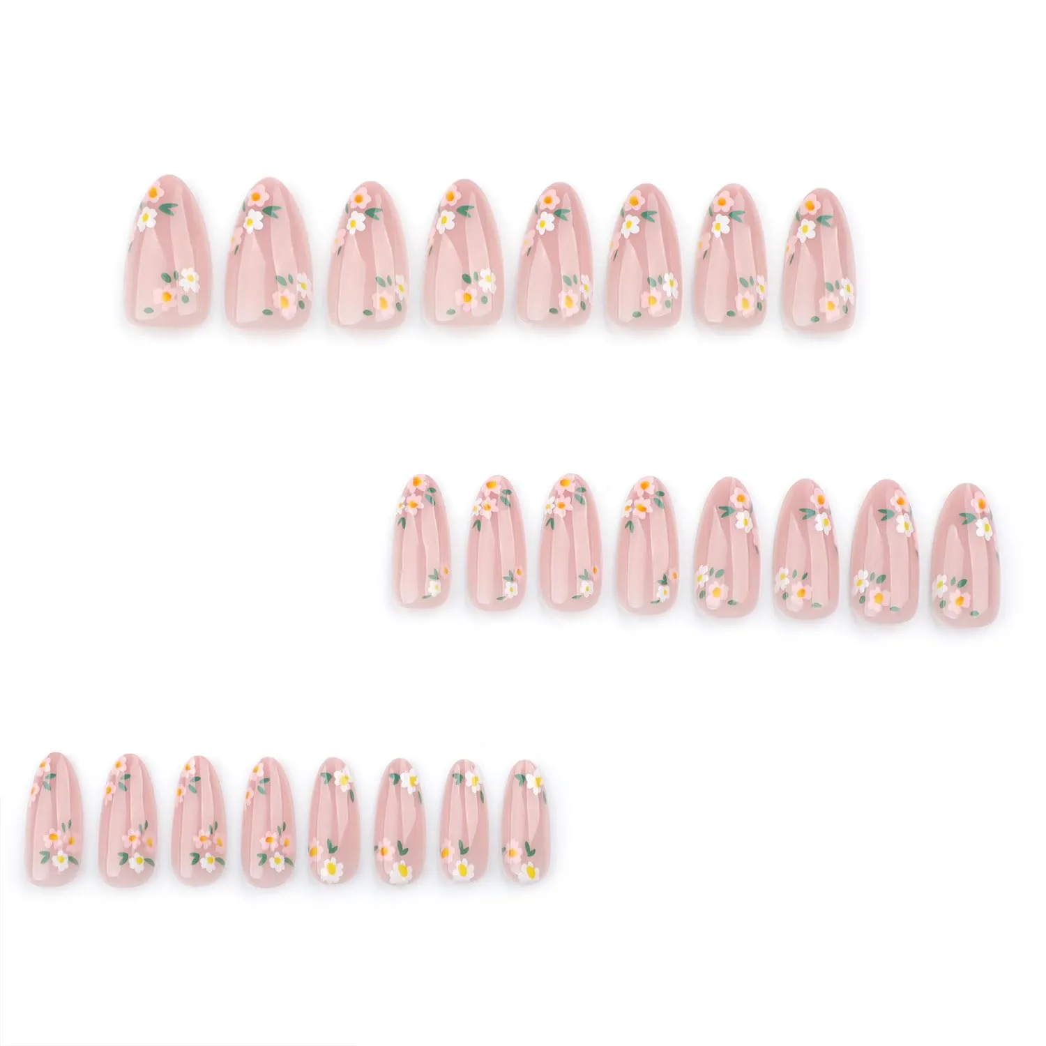 Flower Press on Nails Medium Almond Fake Nails with Daisy Floral Designs Acrylic Nails Summer Glue on Nails Pink False Nails Reusable Stick on Nails for Women 24PCS