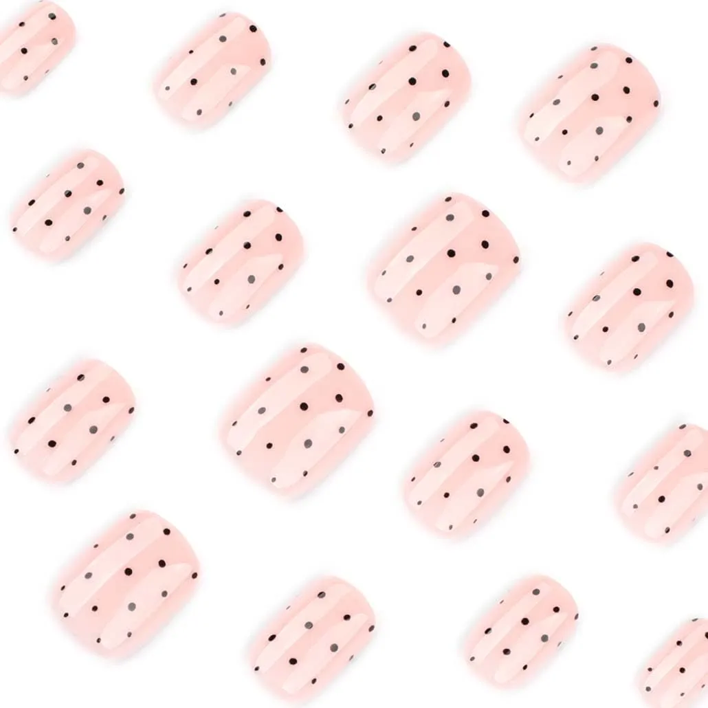 Foccna Extra Short Press on Nails Square Fake Nails Polka Dots Glossy Short Round Nails, Salon Quality Artificial Nails for Women 24pcs