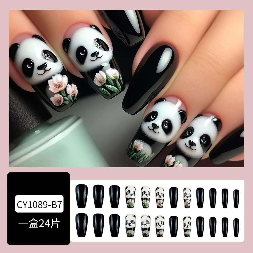 Panda Press on Nails Medium Square Fake Nails with Flower Designs Full Cover Glossy Black False Nails Spring Stick on Nail Leaf Cute Reusable Summer Glue on Nail for Women Girls Manicure 24Pcs