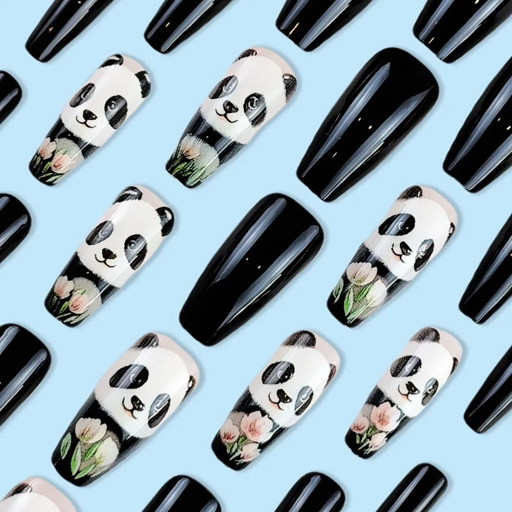 Panda Press on Nails Medium Square Fake Nails with Flower Designs Full Cover Glossy Black False Nails Spring Stick on Nail Leaf Cute Reusable Summer Glue on Nail for Women Girls Manicure 24Pcs