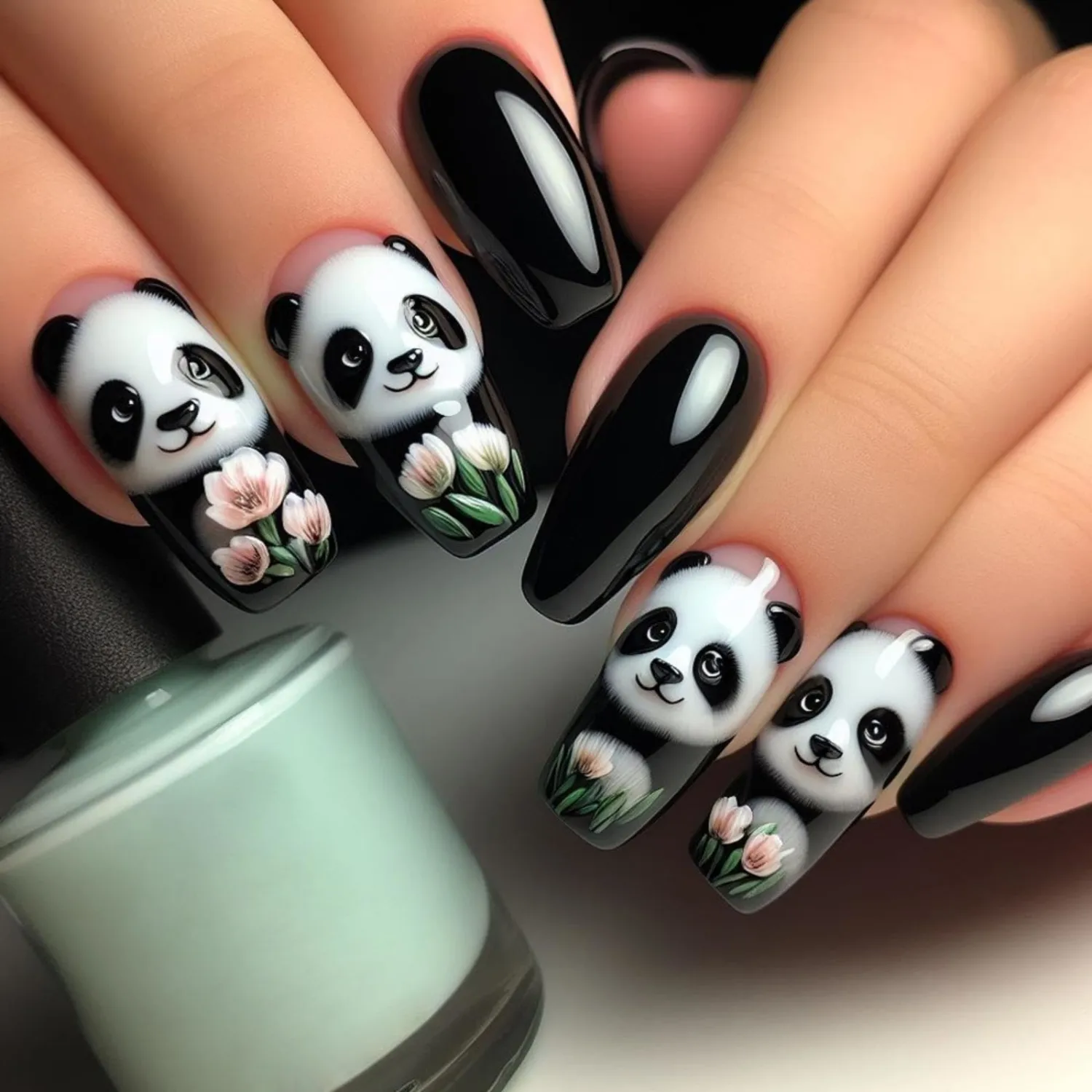 Panda Press on Nails Medium Square Fake Nails with Flower Designs Full Cover Glossy Black False Nails Spring Stick on Nail Leaf Cute Reusable Summer Glue on Nail for Women Girls Manicure 24Pcs