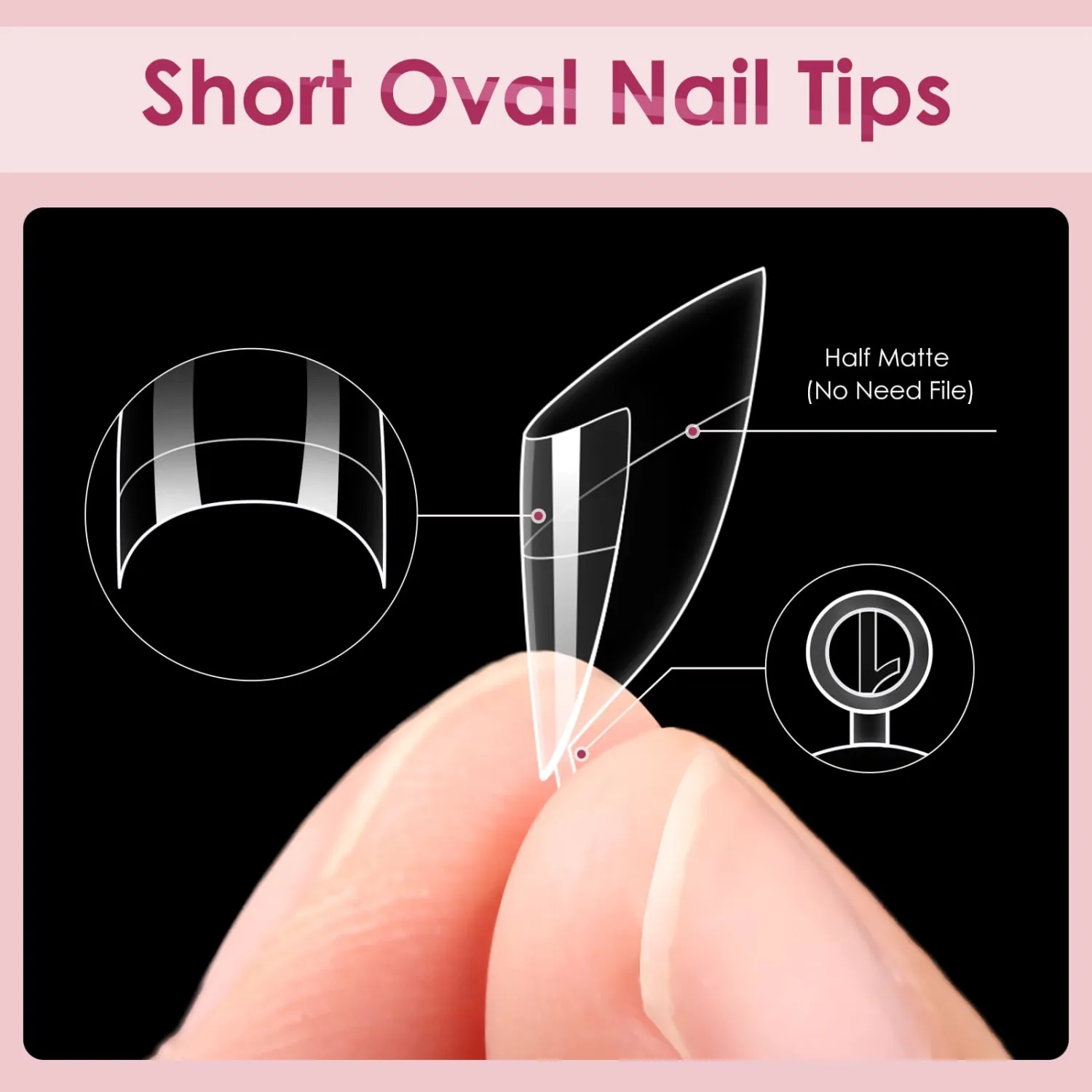 LIONVISON 600PCS Clear Short Oval Round Nail Tips, Half Cover False Nails with Handles for Acrylic Nail Salon with Box 12 Sizes