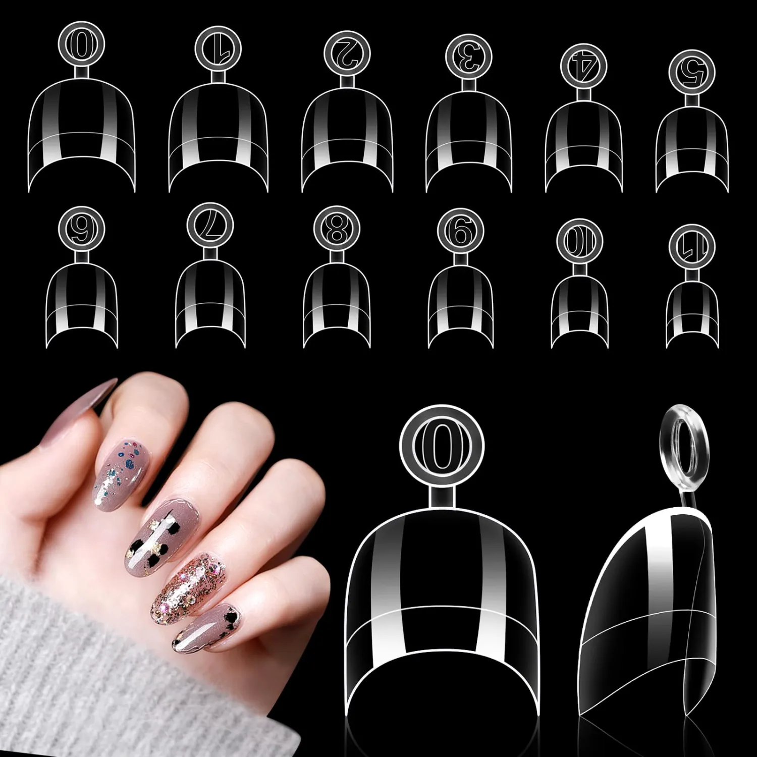 LIONVISON 600PCS Clear Short Oval Round Nail Tips, Half Cover False Nails with Handles for Acrylic Nail Salon with Box 12 Sizes