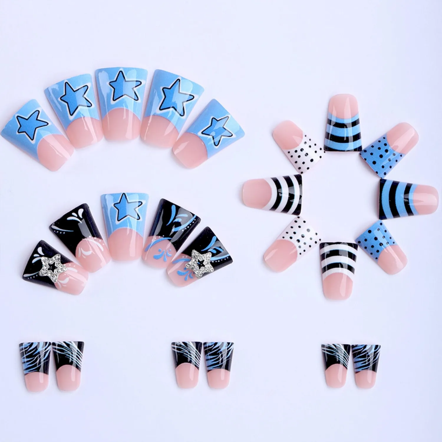 Press on Nails Duck Shape Blue Star Design Medium Flare Fake Nails for Women Party Y2K Style 24Pcs