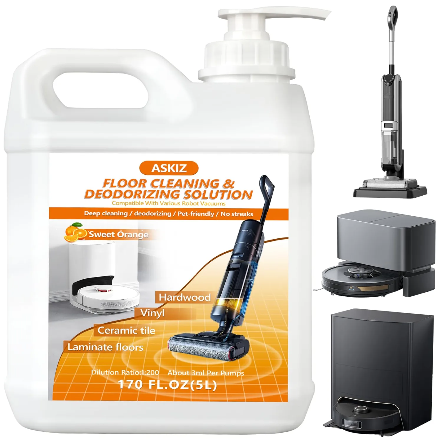 ASKIZ 5L Floor Cleaning Solution,Floor Cleaner for Mopping with Tineco,Deep Cleaning &Deodorizing for Roborock,Compatible with Saros Series,S8/S7 Series,Q Revo/Q Series,iFLOOR Series Wet Dry Vacuum