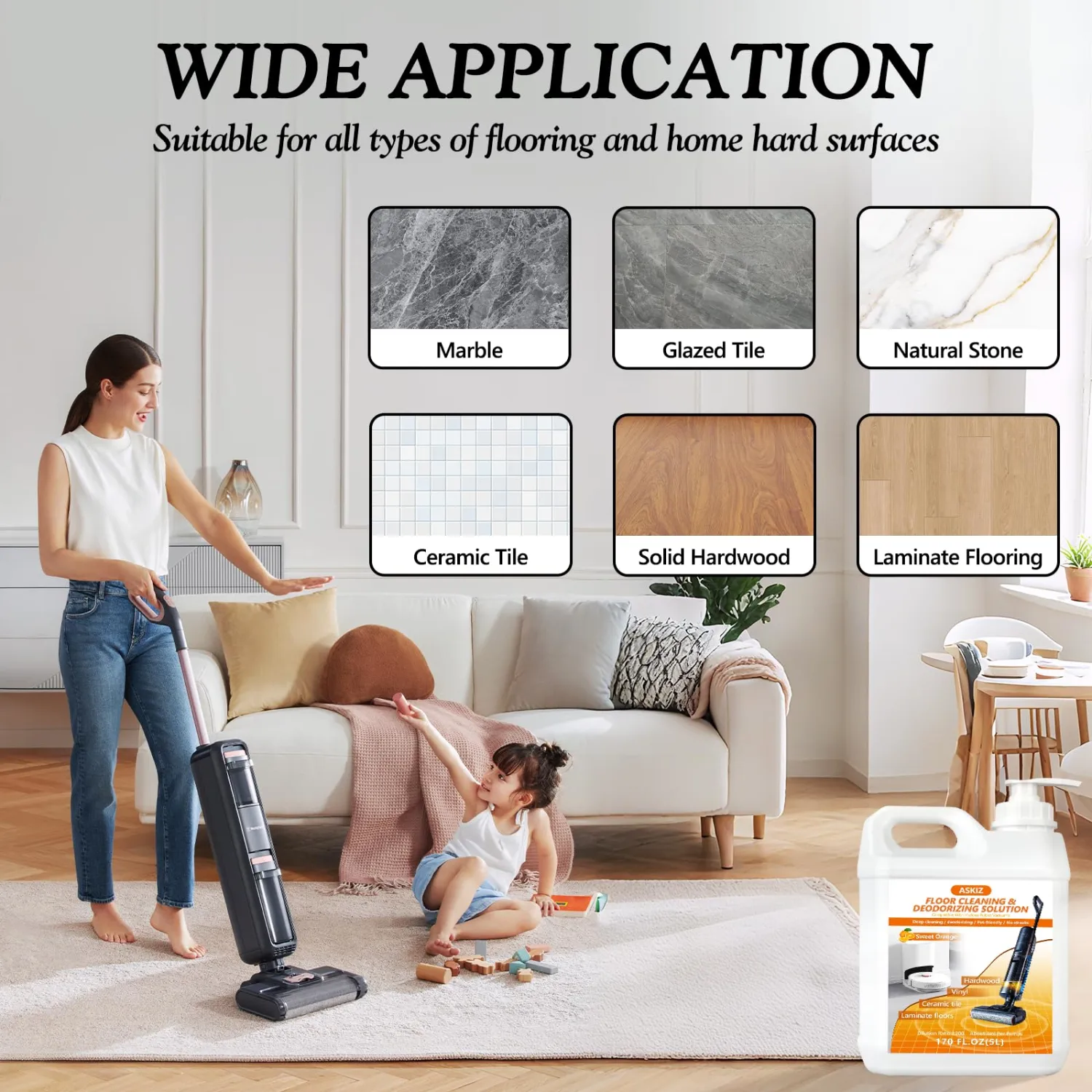 ASKIZ 5L Floor Cleaning Solution,Floor Cleaner for Mopping with Tineco,Deep Cleaning &Deodorizing for Roborock,Compatible with Saros Series,S8/S7 Series,Q Revo/Q Series,iFLOOR Series Wet Dry Vacuum