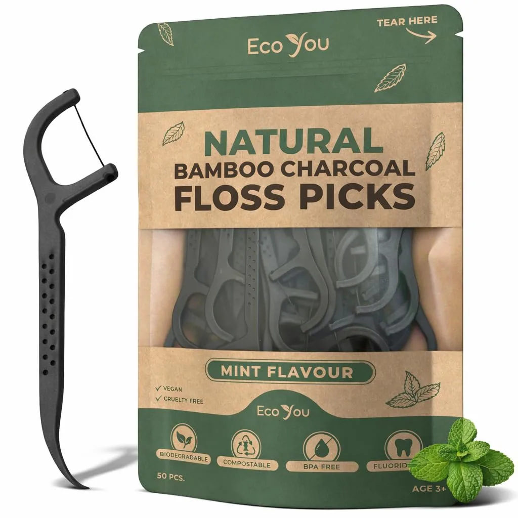 Biodegradable Floss Picks | 50 Count (1 Pack) | Mint Flavor, Candelilla Wax | Sustainable & Reusable | Vegan & Cruelty-Free | Bamboo Floss Picks, Bamboo Toothpicks