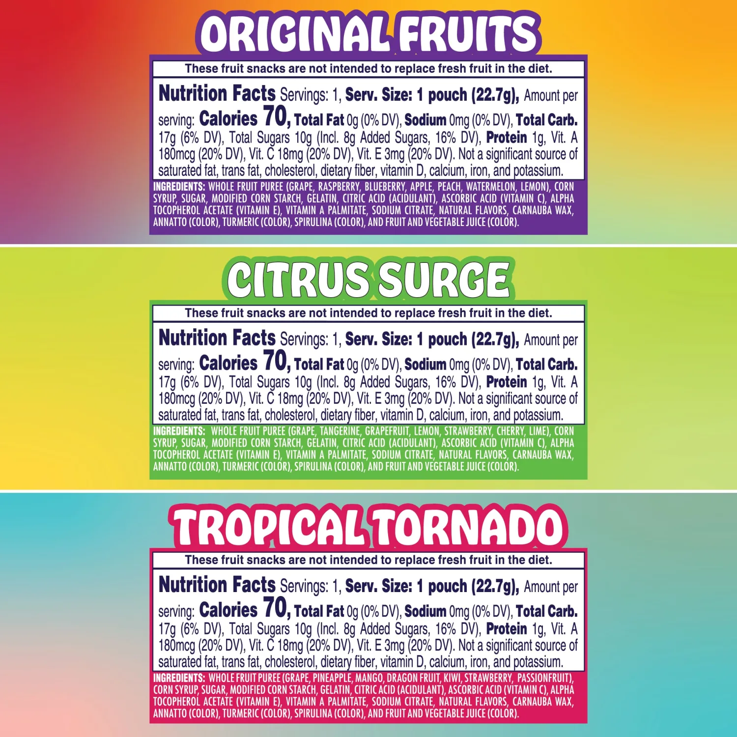 Welch's Fruit Snacks, Juicefuls Fusions, Three Unique Flavor Snack Packs, Citrus Surge, Tropical Tornado, Original Fruits, Gluten Free, No Artificial Dyes & Flavors, 0.8oz (Pack of 50)