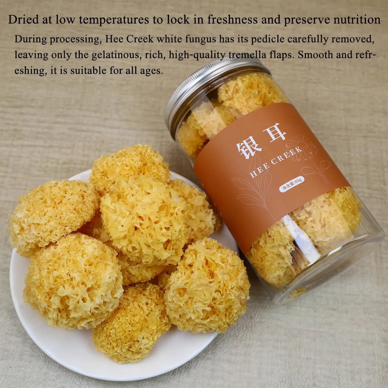 Hee Creek White Snow Fungus Mushroom 4.23oz / 120g Rootless Dried Snow Fungus Tremella Fuciformis Mushroom, 去根白银耳 特级雪银耳