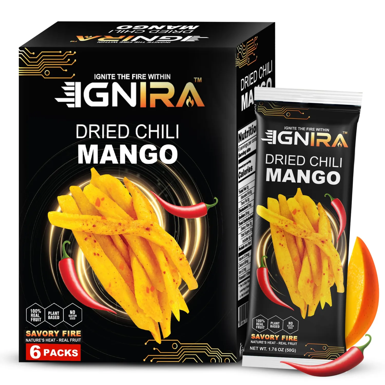 IGNIRA Dried Mango with chili, Sweet & Hot Fruit Snack Strips, Dry Chamoy Mangoes Slices, Chili Mangoes Snacks for Office, Gluten-Free, Plant-Based, Real Fruit, 1 Box (6 Packs, 1.76 oz Each)