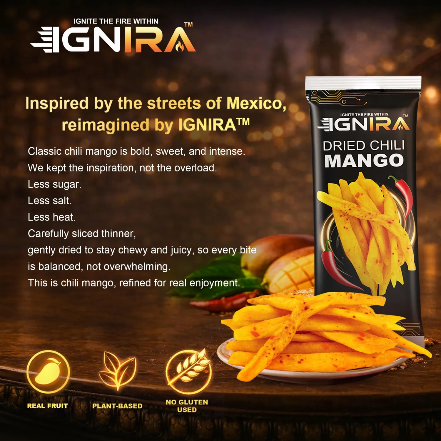 IGNIRA Dried Mango with chili, Sweet & Hot Fruit Snack Strips, Dry Chamoy Mangoes Slices, Chili Mangoes Snacks for Office, Gluten-Free, Plant-Based, Real Fruit, 1 Box (6 Packs, 1.76 oz Each)
