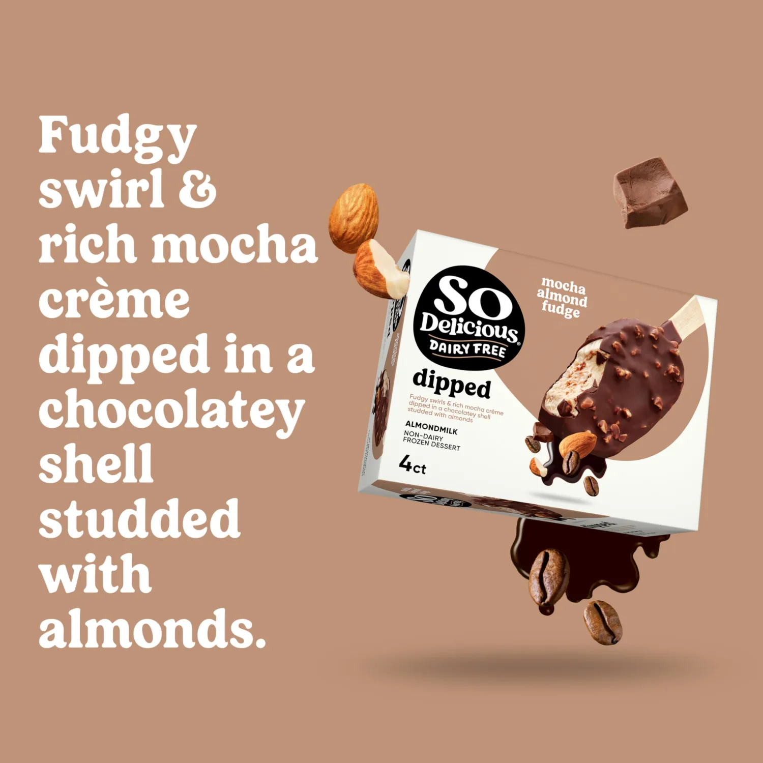So Delicious Dairy Free Almond Milk Dipped Frozen Dessert Bar, Mocha Almond Fudge, Vegan, Non-GMO Project Verified, 4 Count (Pack of 1)