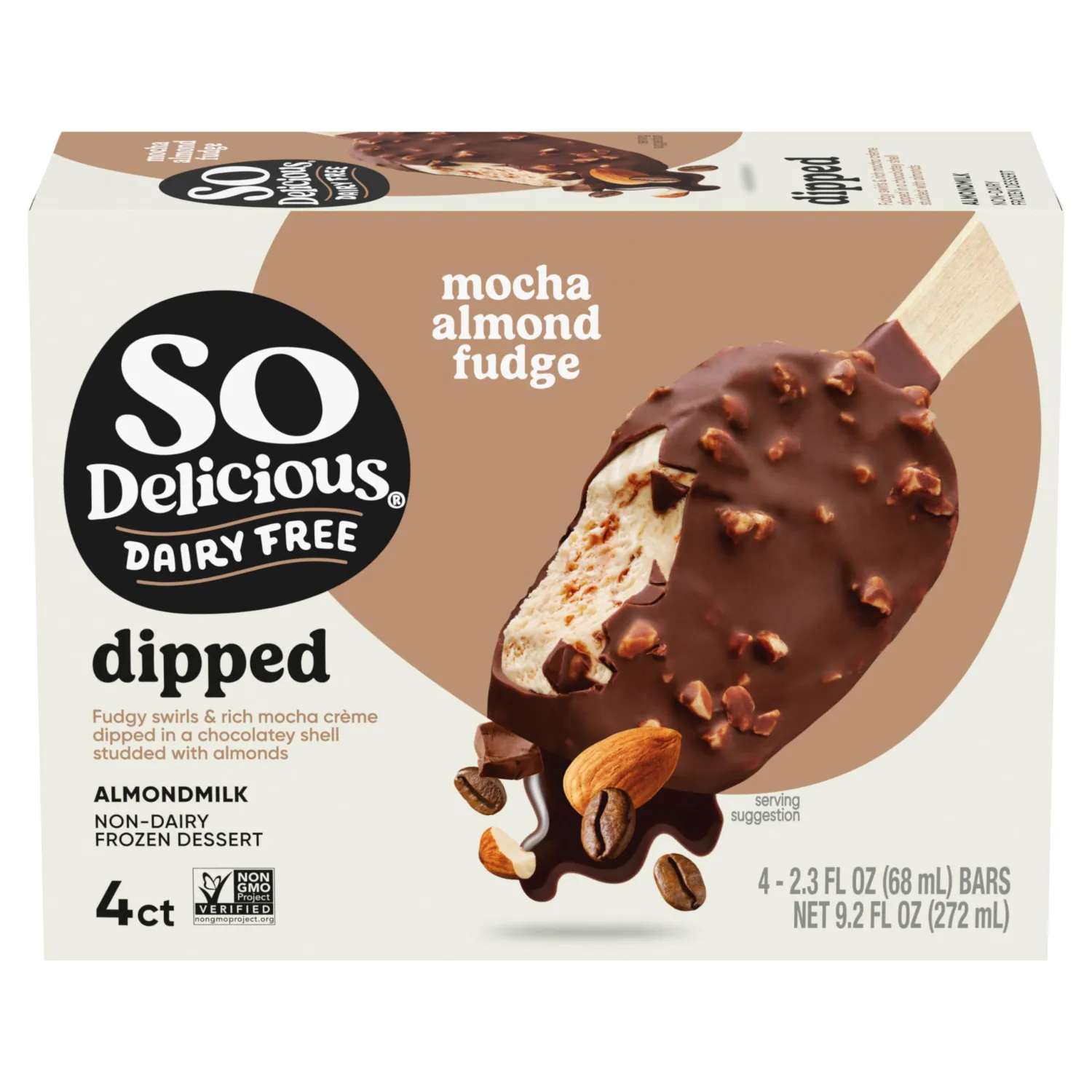 So Delicious Dairy Free Almond Milk Dipped Frozen Dessert Bar, Mocha Almond Fudge, Vegan, Non-GMO Project Verified, 4 Count (Pack of 1)