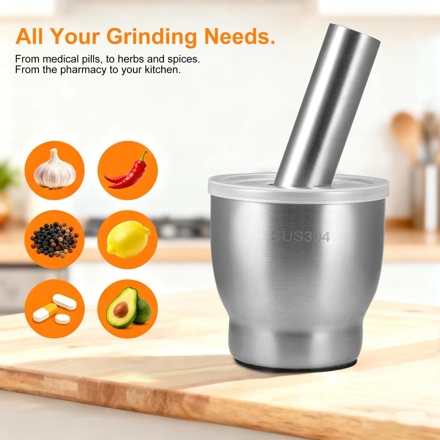 Stainless Steel Mortar and Pestle Set,Herb Crusher,Spice Grinder,Pill Grinder with Lid,Make Fresh Guacamole,Salsa, Pesto