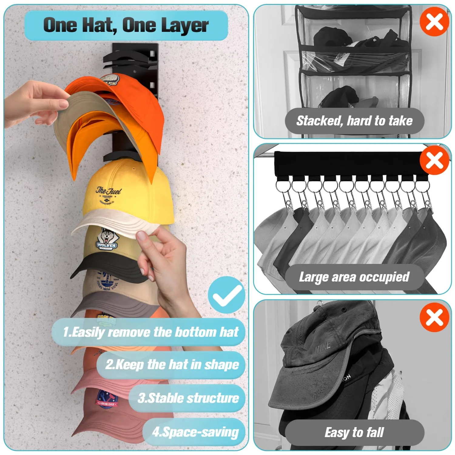 Hat Organizer for Baseball Caps, Hat Rack for Wall with Strong Adhesive Hold up to 10 Hats, Hat Hanger Holder Display for Door Closet, Cap Organizer Storage Multilayer Two Mounting Option(Black)