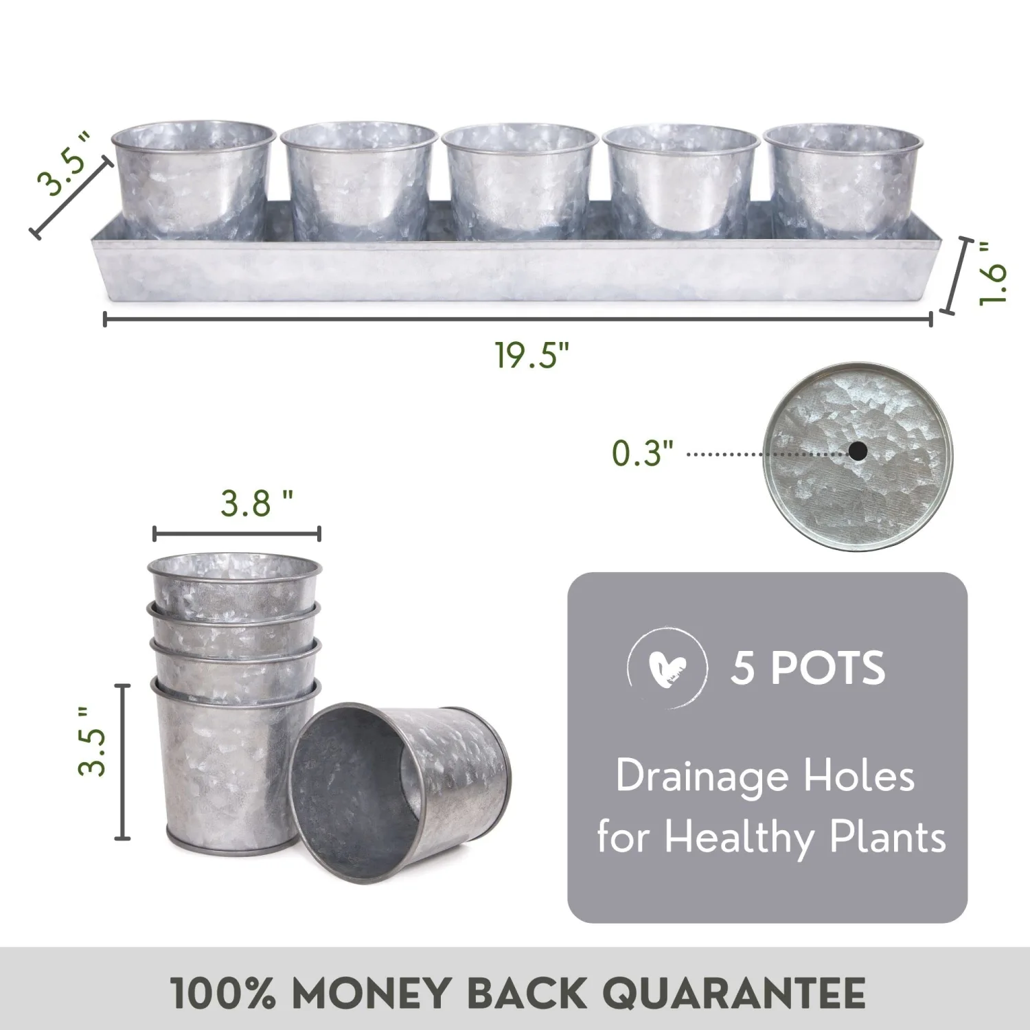 SCANDINORDICA Galvanized Metal Herb Planter, 5 Pots with Drainage Holes, Indoor Outdoor Use, Farmhouse Decor, 19.5x3.9x3.5 inches