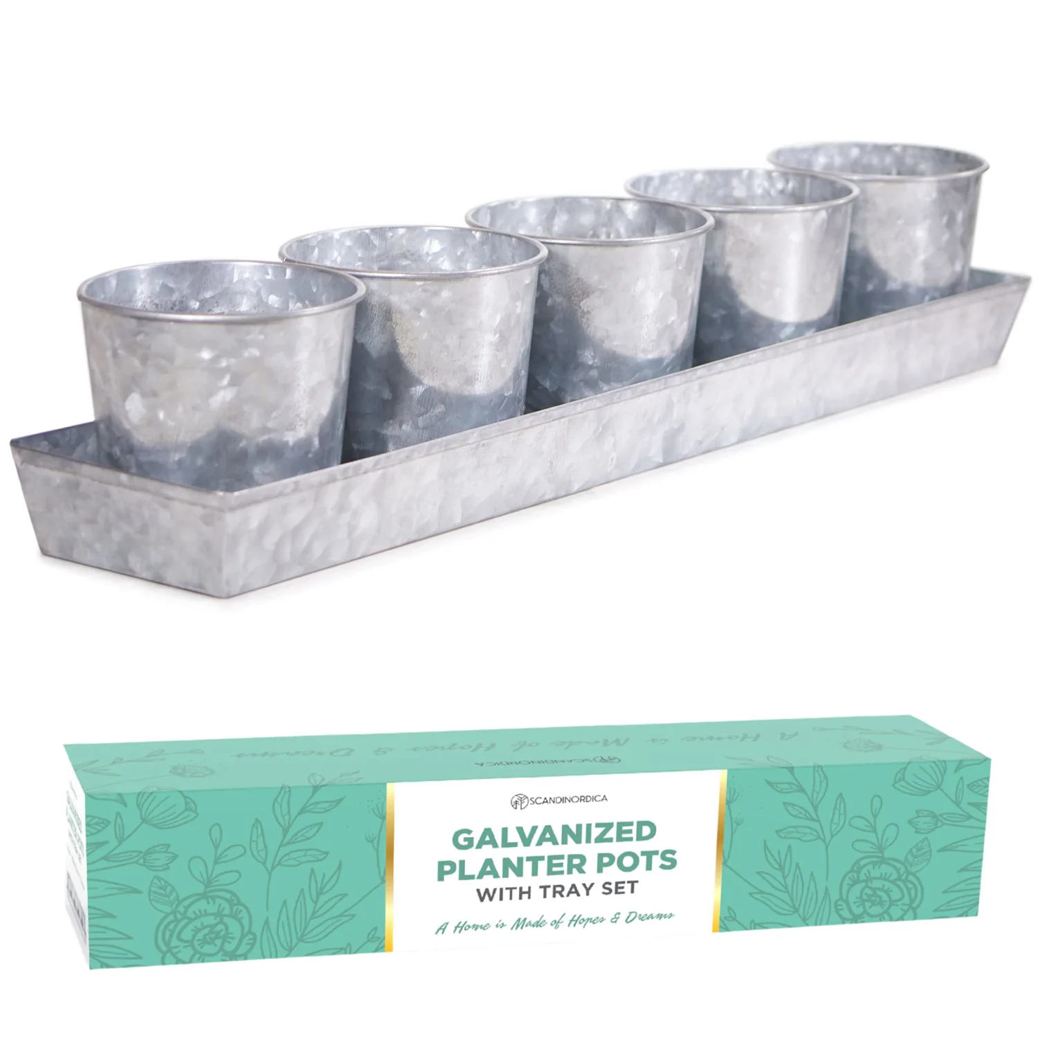 SCANDINORDICA Galvanized Metal Herb Planter, 5 Pots with Drainage Holes, Indoor Outdoor Use, Farmhouse Decor, 19.5x3.9x3.5 inches