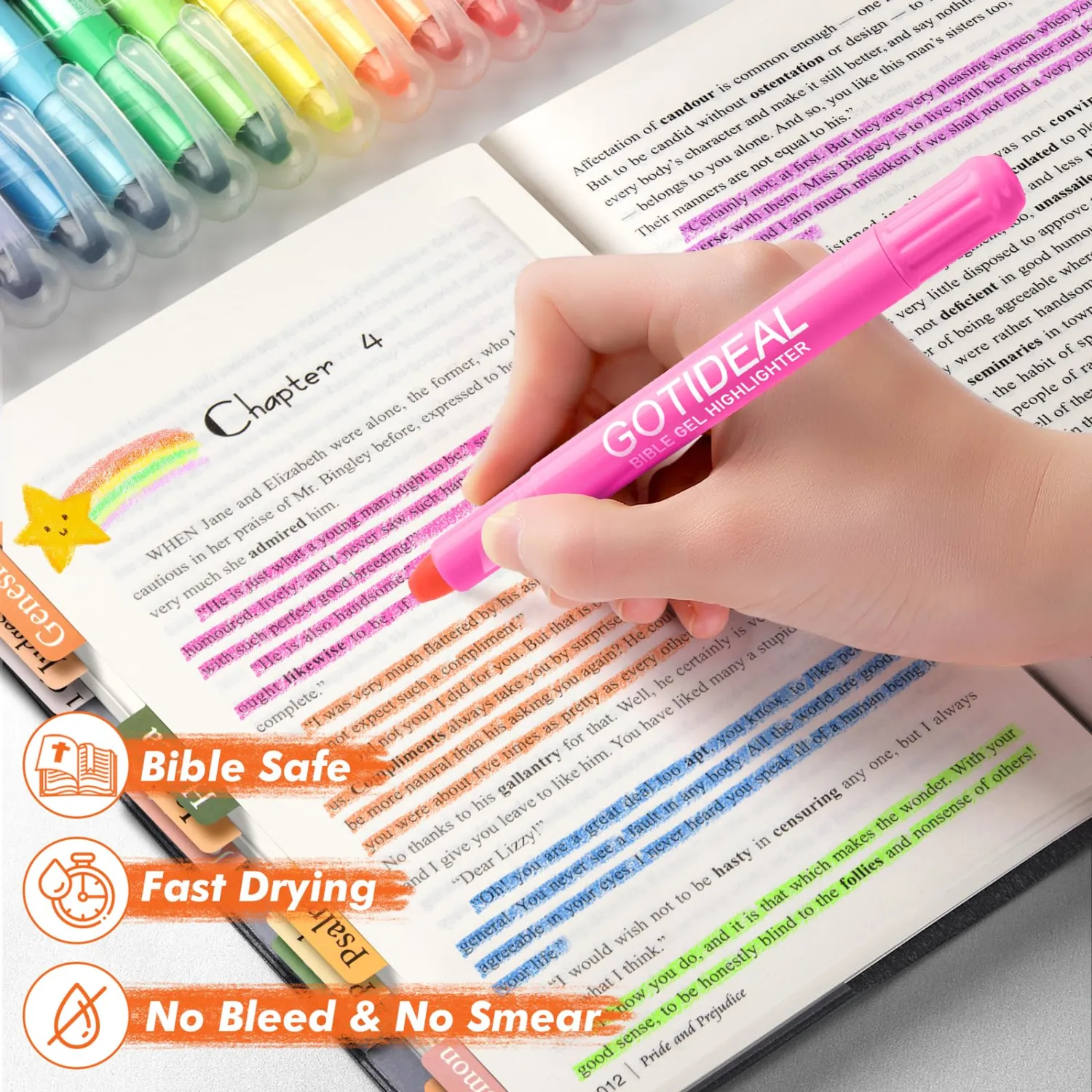 GOTIDEAL Bible Highlighters, 12 Pack Assorted Colors Gel Highlighters Pens Set, Wax Bible Markers for Study Journaling School Book Supplies