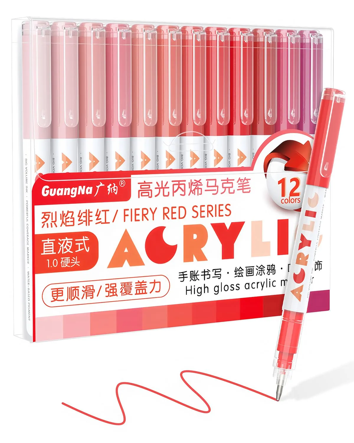 Guangna Acrylic Gel Pens 12 Color, Colored Pens for Journaling, Coloring Books, Calligraphy, Note Taking & DIY Crafts, RollerBall Pen Tip (Red)