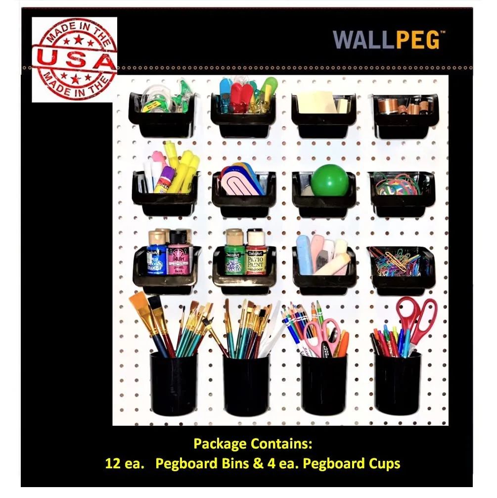 WallPeg Pegboard Bins & Cups - 12 Each 5" Bins and 4 Each 5" Cups - Hooks to Peg Board Panel Organize Hardware Arrange Accessories Workbench Tool Organizer Garage Storage -Made in USA-