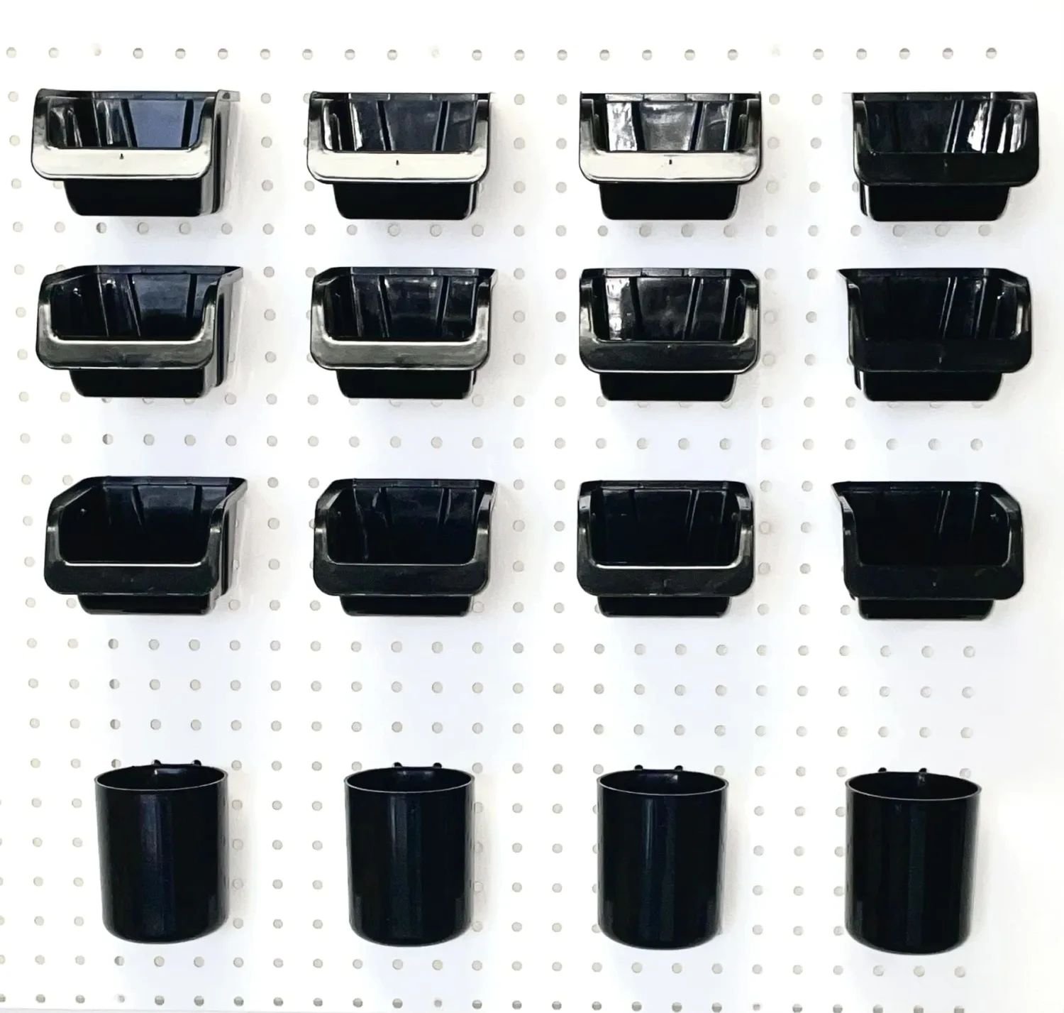 WallPeg Pegboard Bins & Cups - 12 Each 5" Bins and 4 Each 5" Cups - Hooks to Peg Board Panel Organize Hardware Arrange Accessories Workbench Tool Organizer Garage Storage -Made in USA-