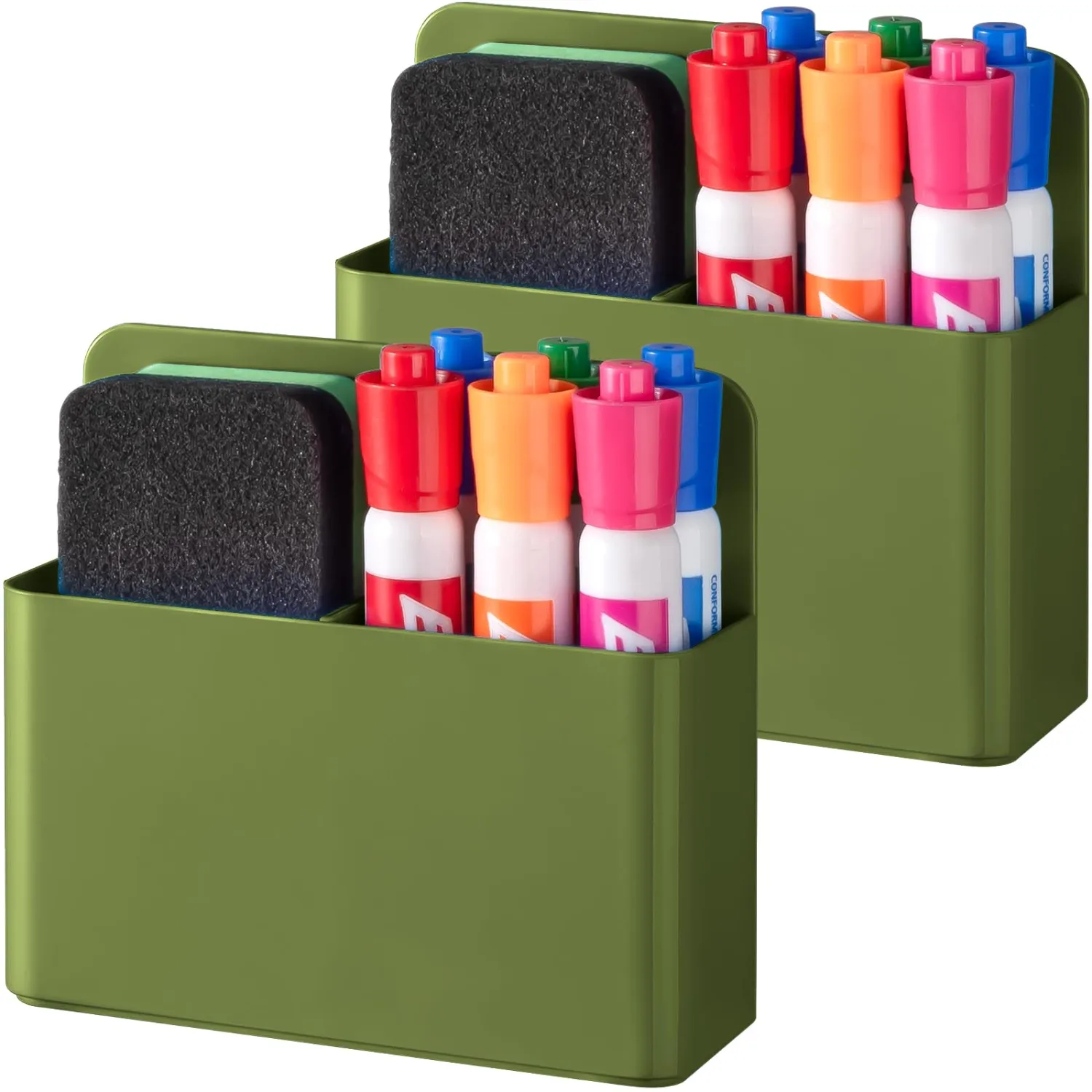 BEYGORM 2 Pack Plastic Magnetic Pen Holder for Refrigerator, Dry Erase Marker Holder for Whiteboard,Magnet School Locker Organizer Accessories, Pencil Cup, Pen Caddy (Army Green)