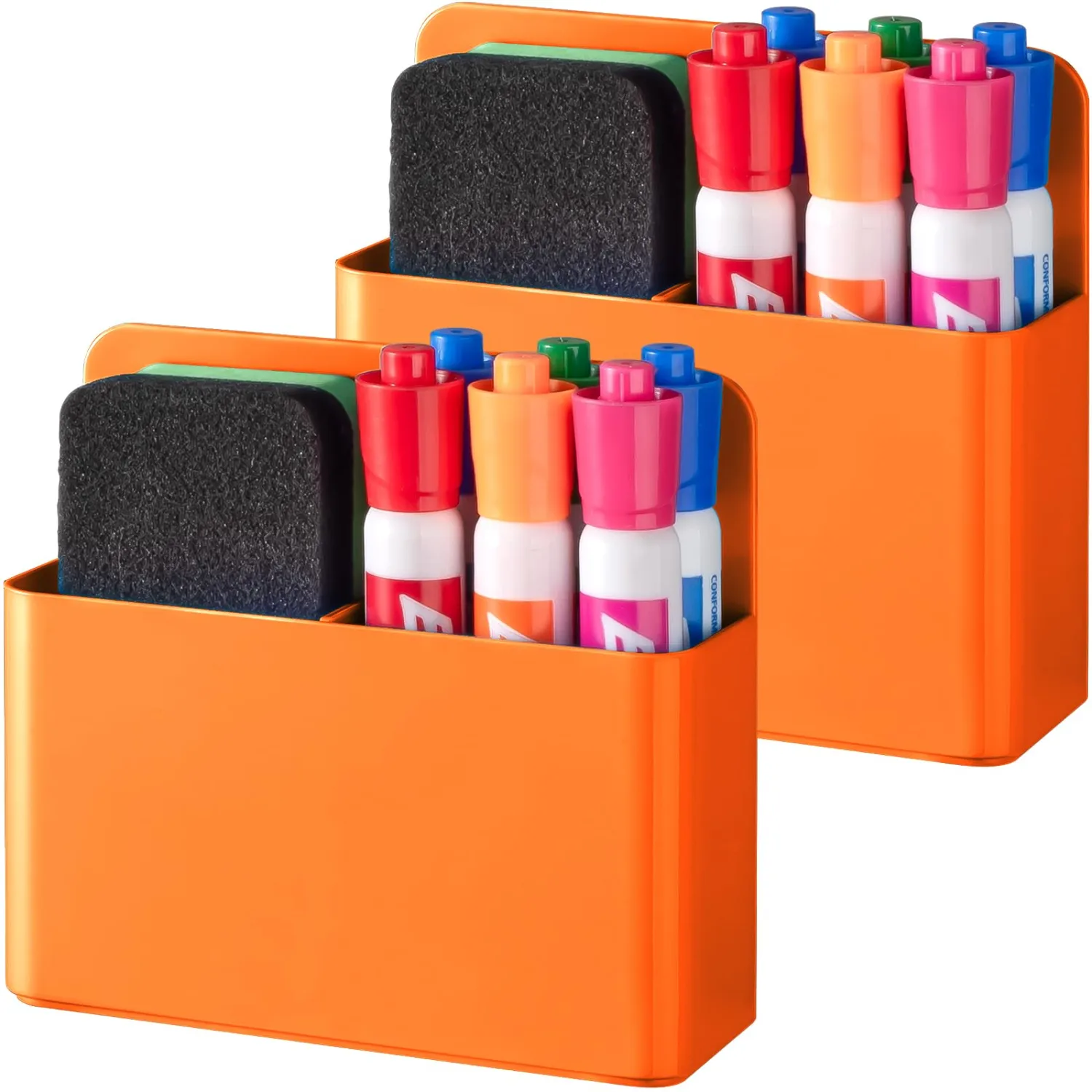 BEYGORM 2 Pack Plastic Magnetic Pen Holder for Refrigerator, Dry Erase Marker Holder for Whiteboard，Magnet School Locker Organizer Accessories, Pencil Cup, Pen Caddy, Classroom Organization(Orange)
