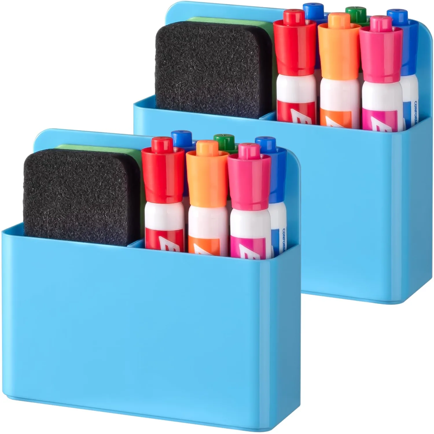 BEYGORM 2 Pack Plastic Magnetic Pen Holder for Refrigerator, Dry Erase Marker Holder for Whiteboard，Magnet School Locker Organizer Accessories, Pencil Cup, Pen Caddy, Classroom Organization(Blue)