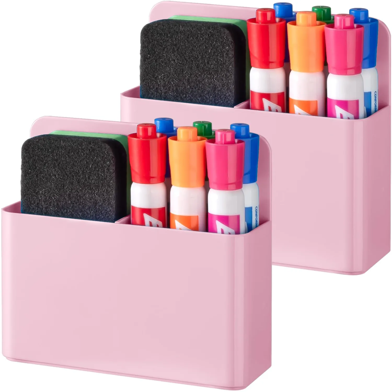 BEYGORM 2 Pack Plastic Magnetic Pen Holder for Refrigerator, Dry Erase Marker Holder for Whiteboard,Magnet School Locker Organizer Accessories, Pencil Cup, Pen Caddy, Classroom Organization(Pink)