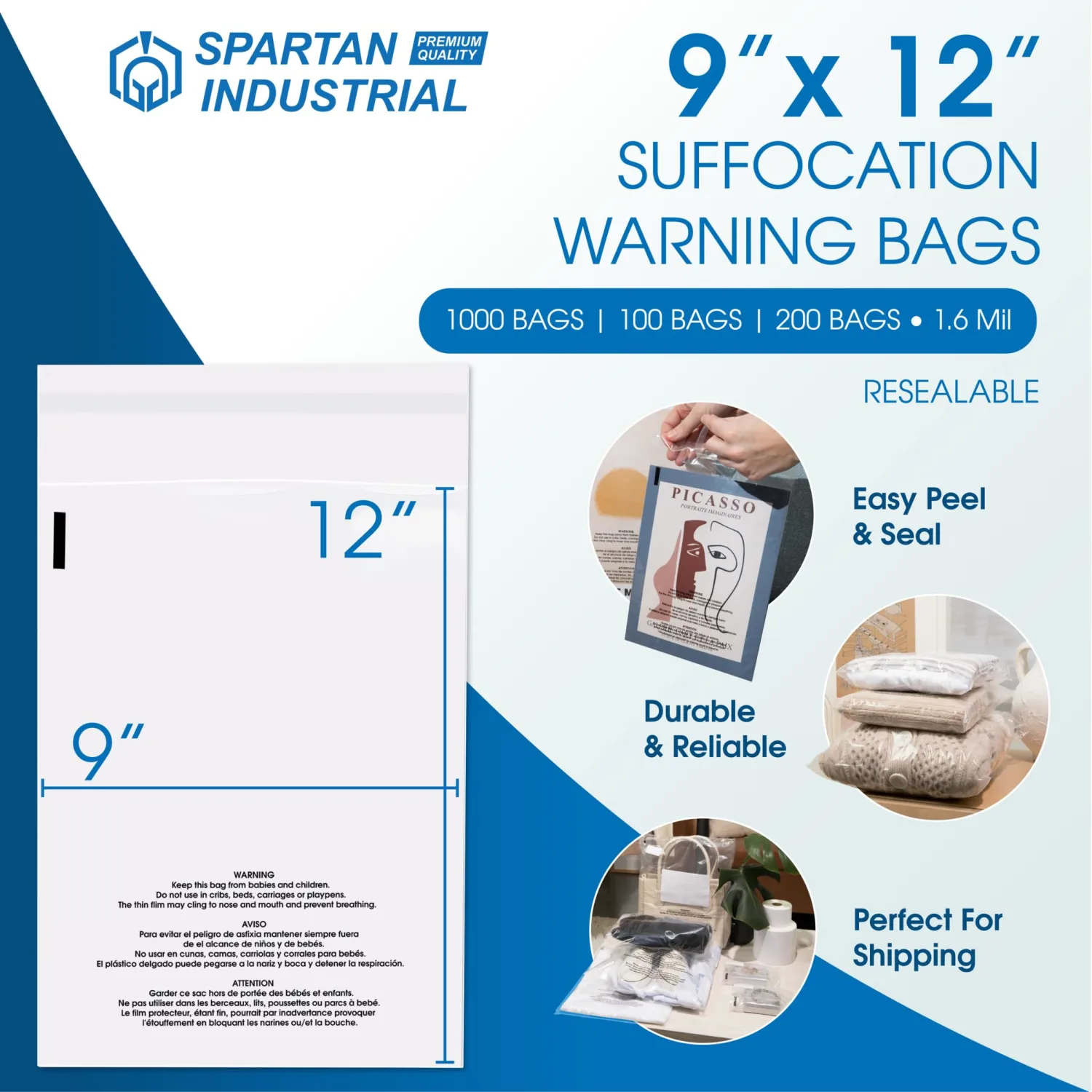 Spartan Industrial - 9” X 12” (100 Count) Self Seal Clear Poly Bags with Suffocation Warning for Packaging, T Shirts - Resealable Glue