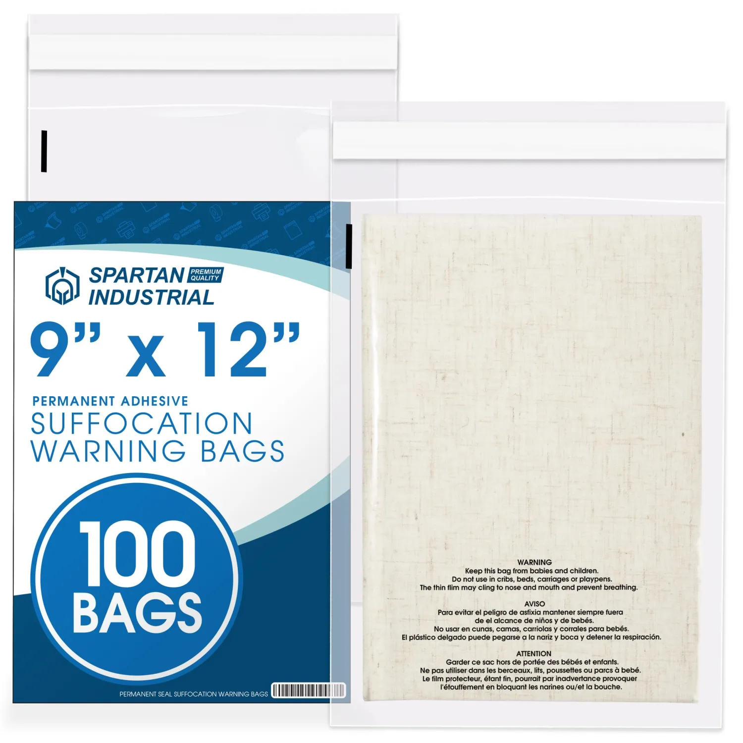 Spartan Industrial - 9” X 12” (100 Count) Self Seal Clear Poly Bags with Suffocation Warning for Packaging, T Shirts - Resealable Glue