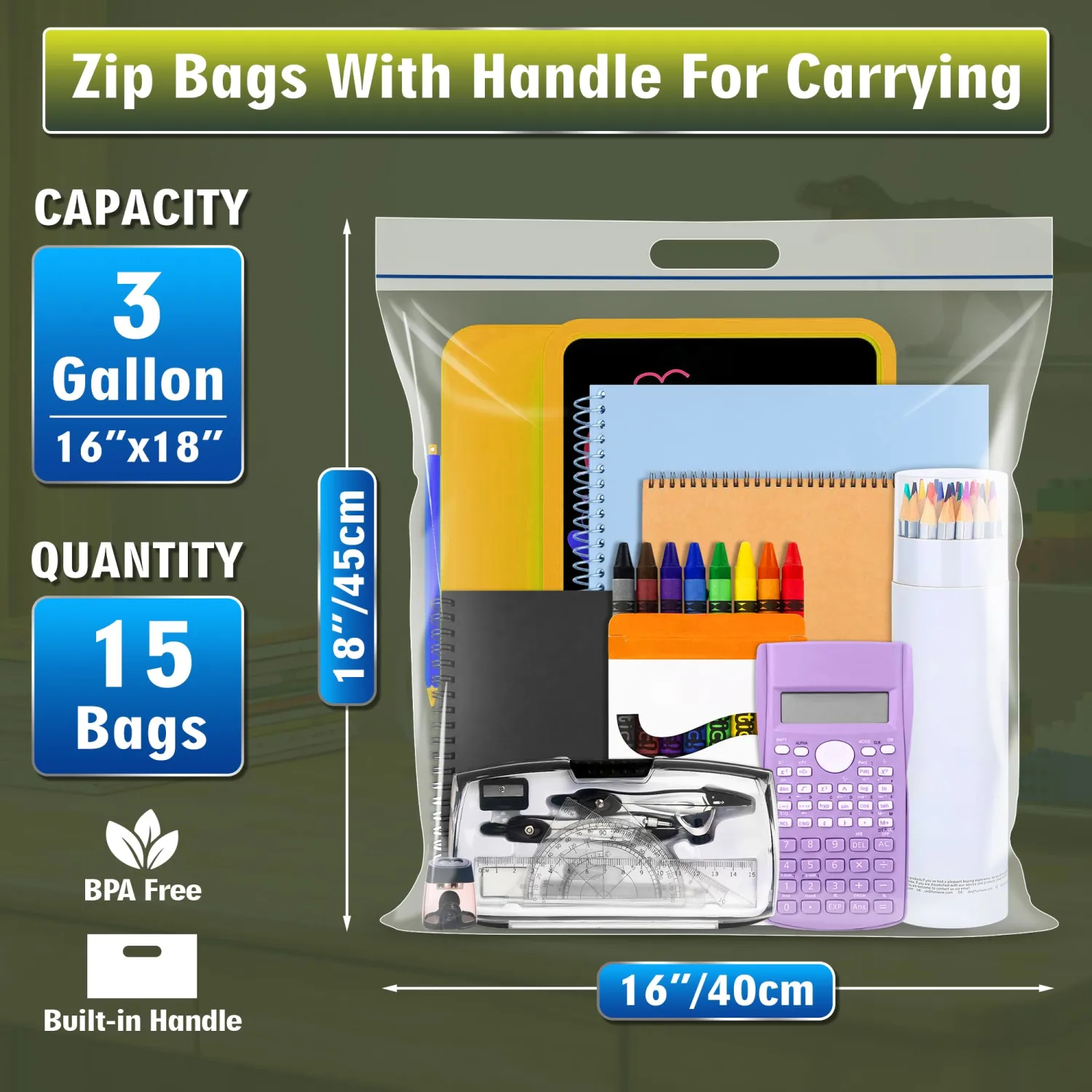 3 Gallon Extra Large Zipper Bag, 16” x 18” Clear Plastic Zip Bag with Handle for Storage, Moving Travel, 2mil Thick Resealable Lock, 15 pack