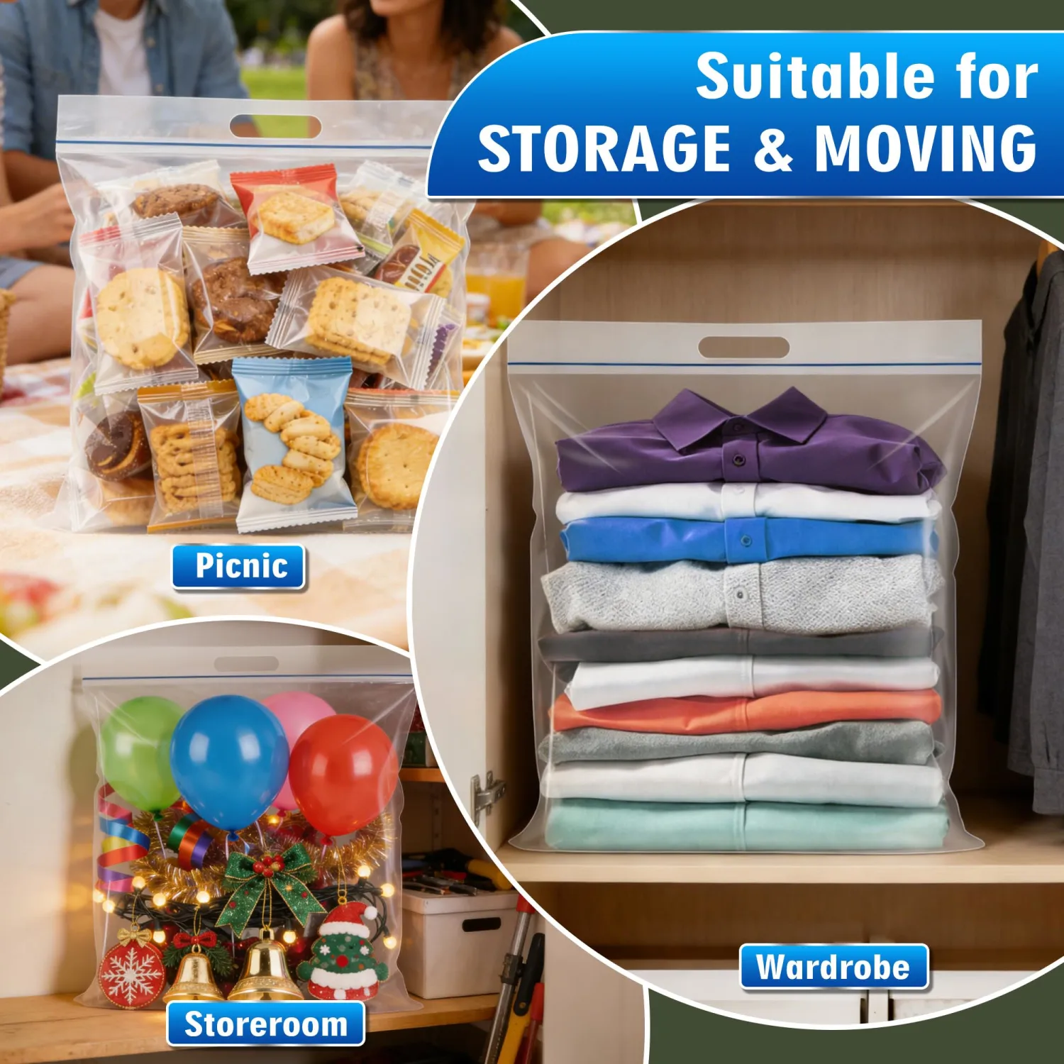 3 Gallon Extra Large Zipper Bag, 16” x 18” Clear Plastic Zip Bag with Handle for Storage, Moving Travel, 2mil Thick Resealable Lock, 15 pack
