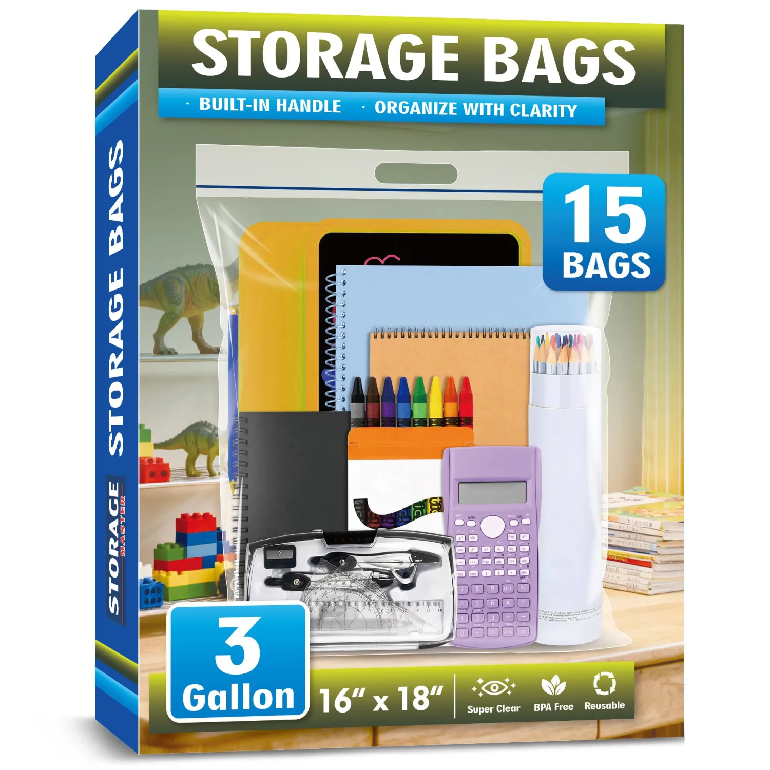 3 Gallon Extra Large Zipper Bag, 16” x 18” Clear Plastic Zip Bag with Handle for Storage, Moving Travel, 2mil Thick Resealable Lock, 15 pack