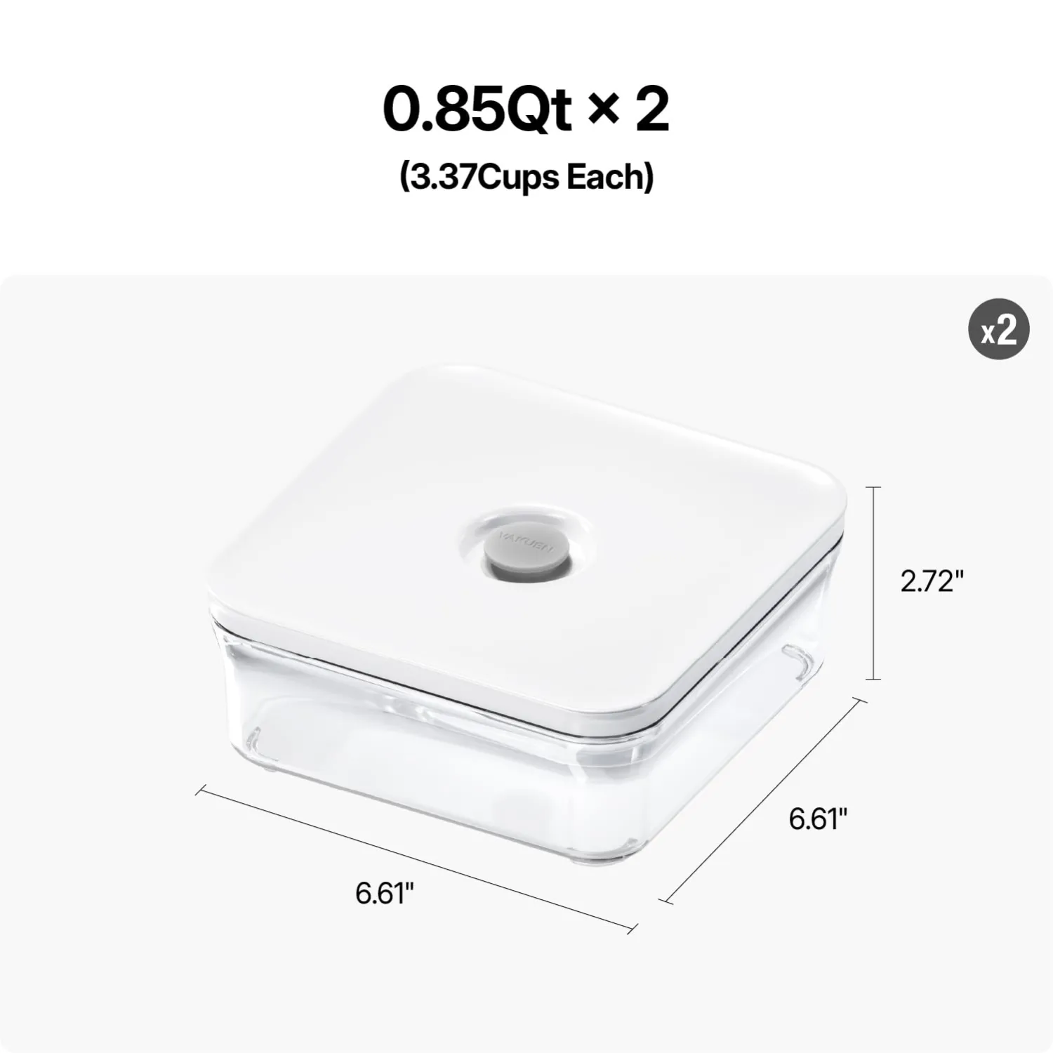 VAKUEN Premium Airtight Food Storage Containers, Mini Square 2pc/set(0.85qt), Smart One-Click Seal Lid, No Hinges, 100% Leak Proof, BPA-FREE, Dishwasher, Freezer & Microwave Safe