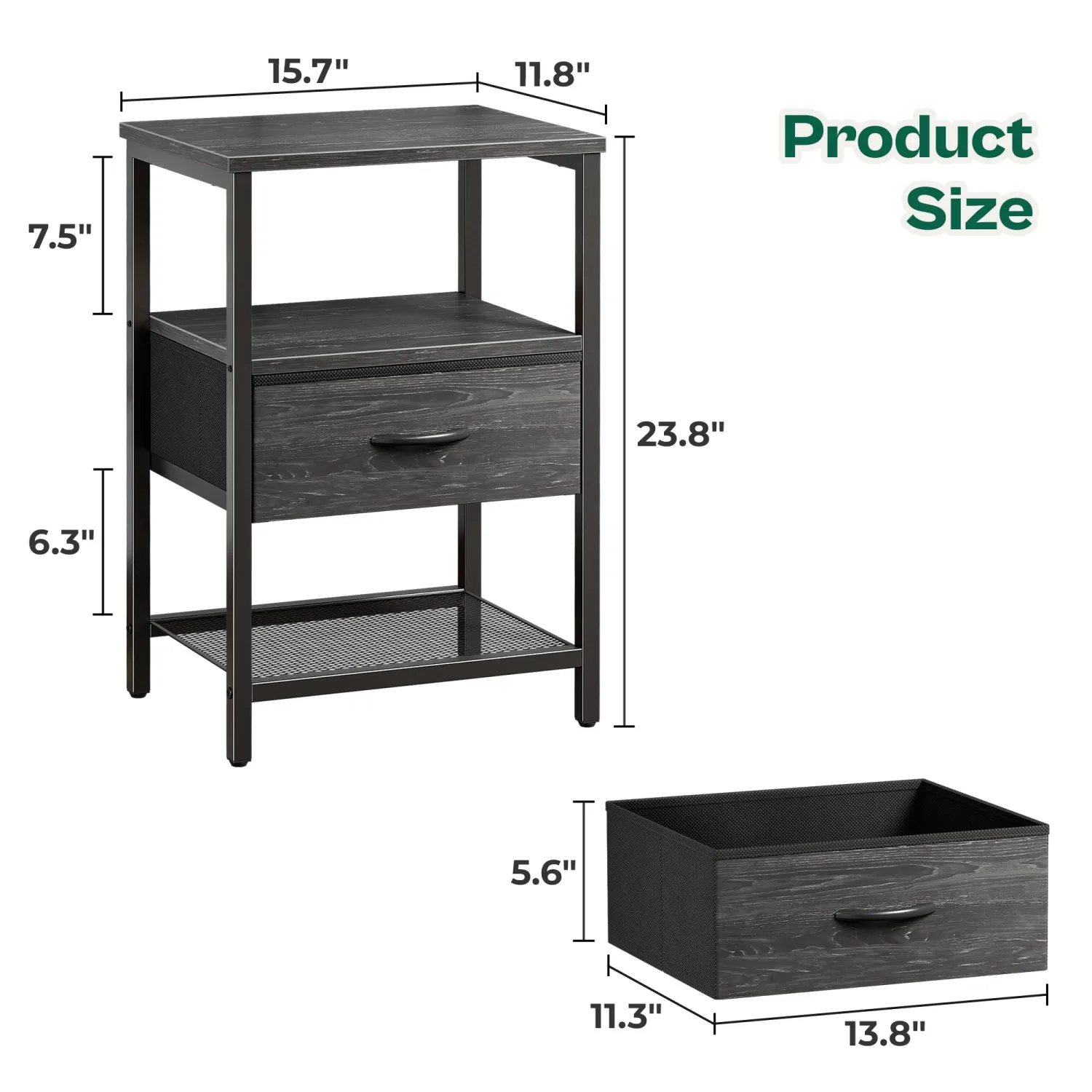 Huuger Nightstand Set of 2, Night Stand with Fabric Drawer, Mesh Shelf, Side Table with Storage, Fabric Drawer Dresser, Open Shelf, Metal Frame, Bedroom, Charcoal Black Wood Grain Print