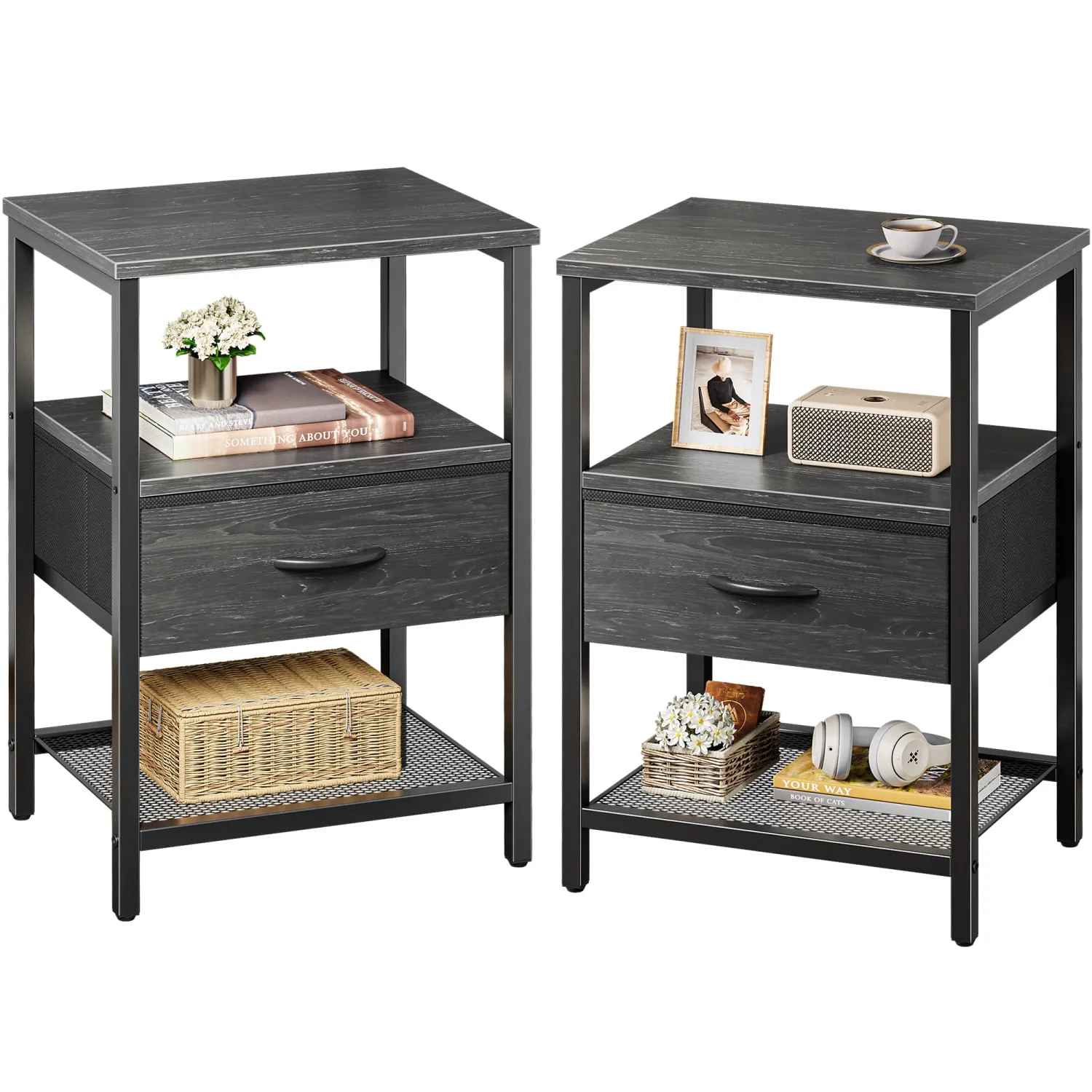 Huuger Nightstand Set of 2, Night Stand with Fabric Drawer, Mesh Shelf, Side Table with Storage, Fabric Drawer Dresser, Open Shelf, Metal Frame, Bedroom, Charcoal Black Wood Grain Print