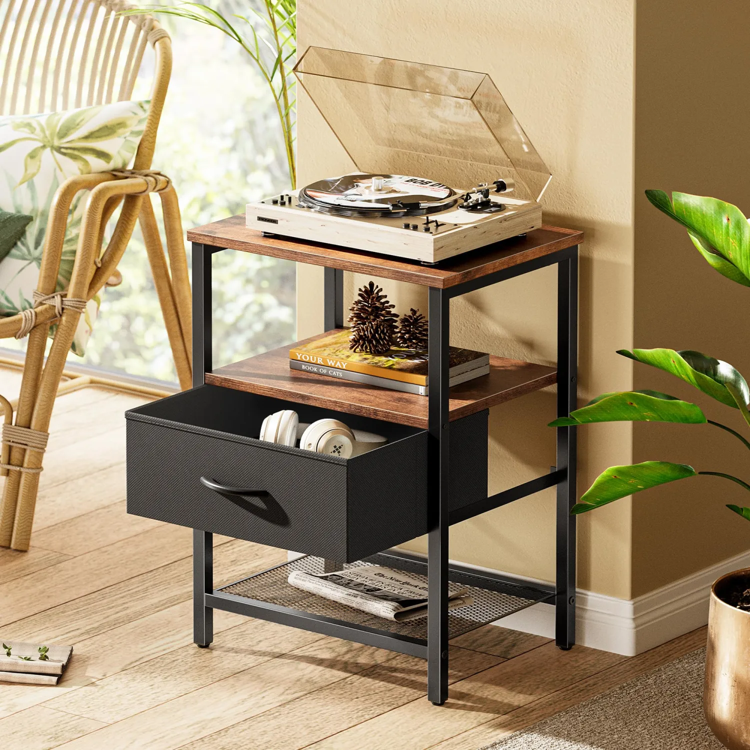 Huuger Night Stand with Fabric Drawer, Side Table with Mesh Shelf, Bedroom Nightstand, Fabric Drawer Dresser, Open Shelf, Metal Frame, Couch Side, Rustic Brown and Black