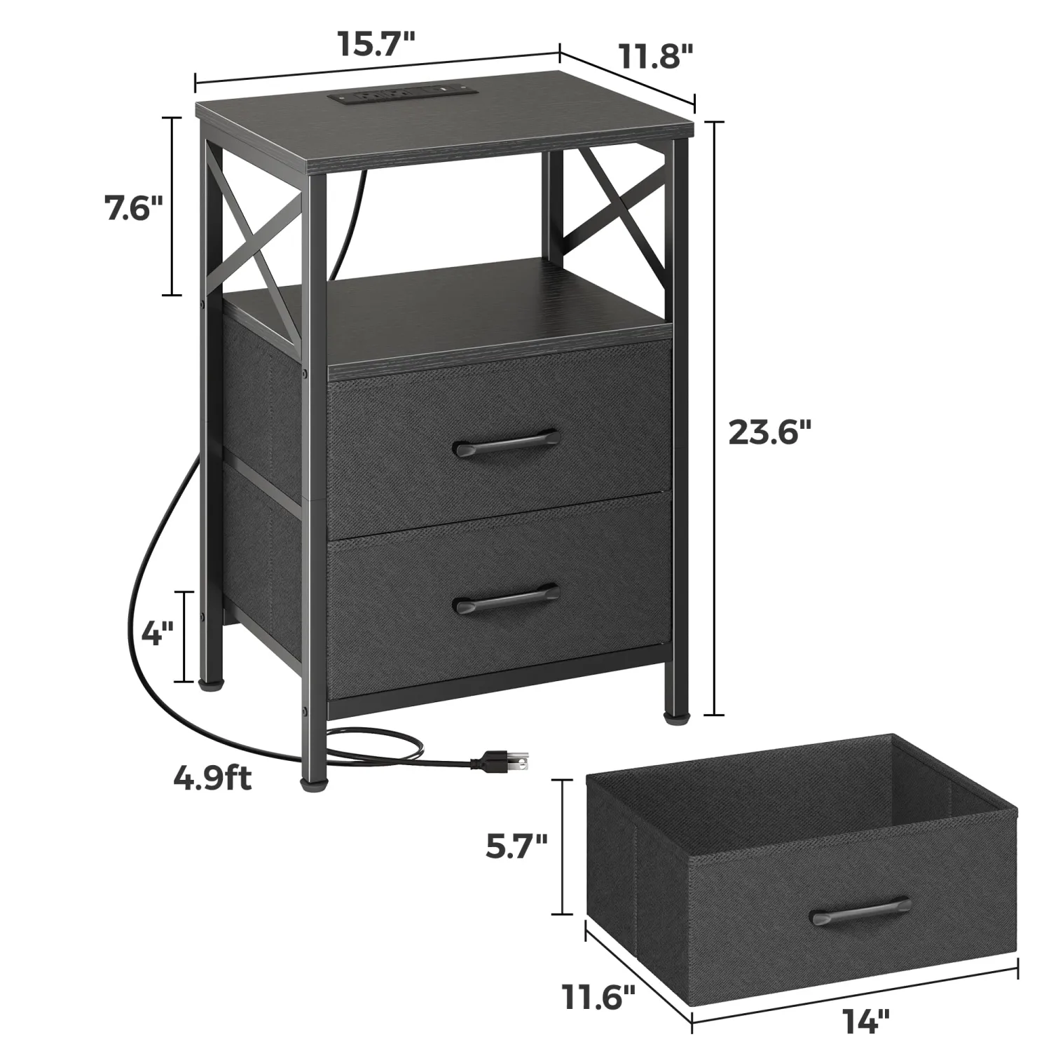 Huuger Night Stand with Charger Station, 2 Drawer Nightstand with Open Shelf, Bed Side Table with USB-C Port, End Table, Compact Size for Small Spaces, X Shaped Side Rail, Black