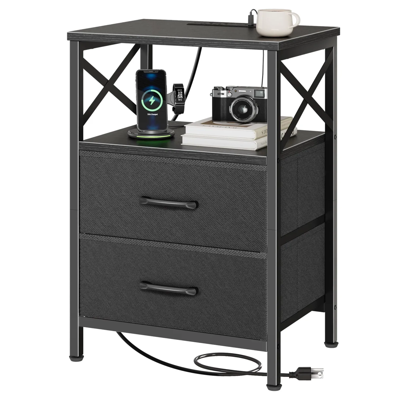 Huuger Night Stand with Charger Station, 2 Drawer Nightstand with Open Shelf, Bed Side Table with USB-C Port, End Table, Compact Size for Small Spaces, X Shaped Side Rail, Black