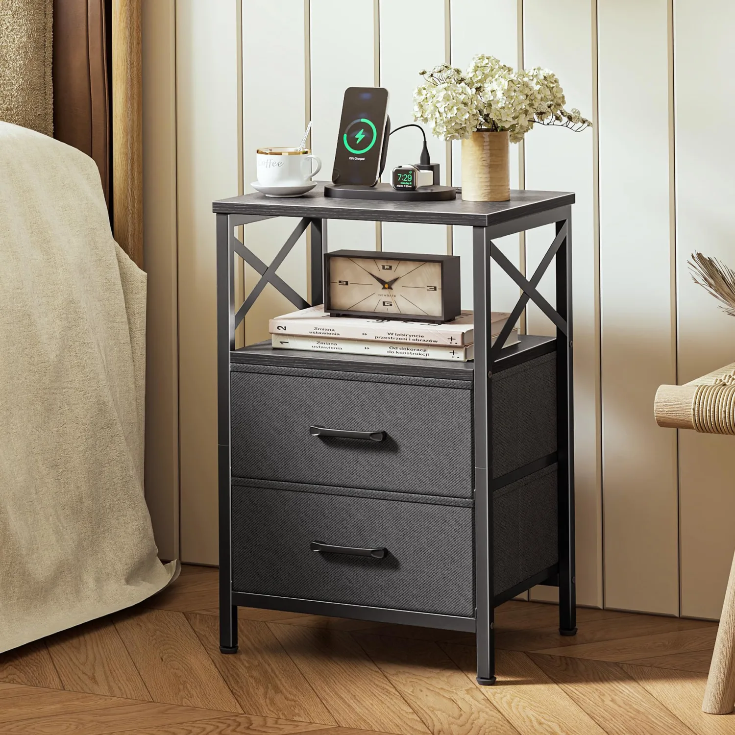 Huuger Night Stand with Charger Station, 2 Drawer Nightstand with Open Shelf, Bed Side Table with USB-C Port, End Table, Compact Size for Small Spaces, X Shaped Side Rail, Black