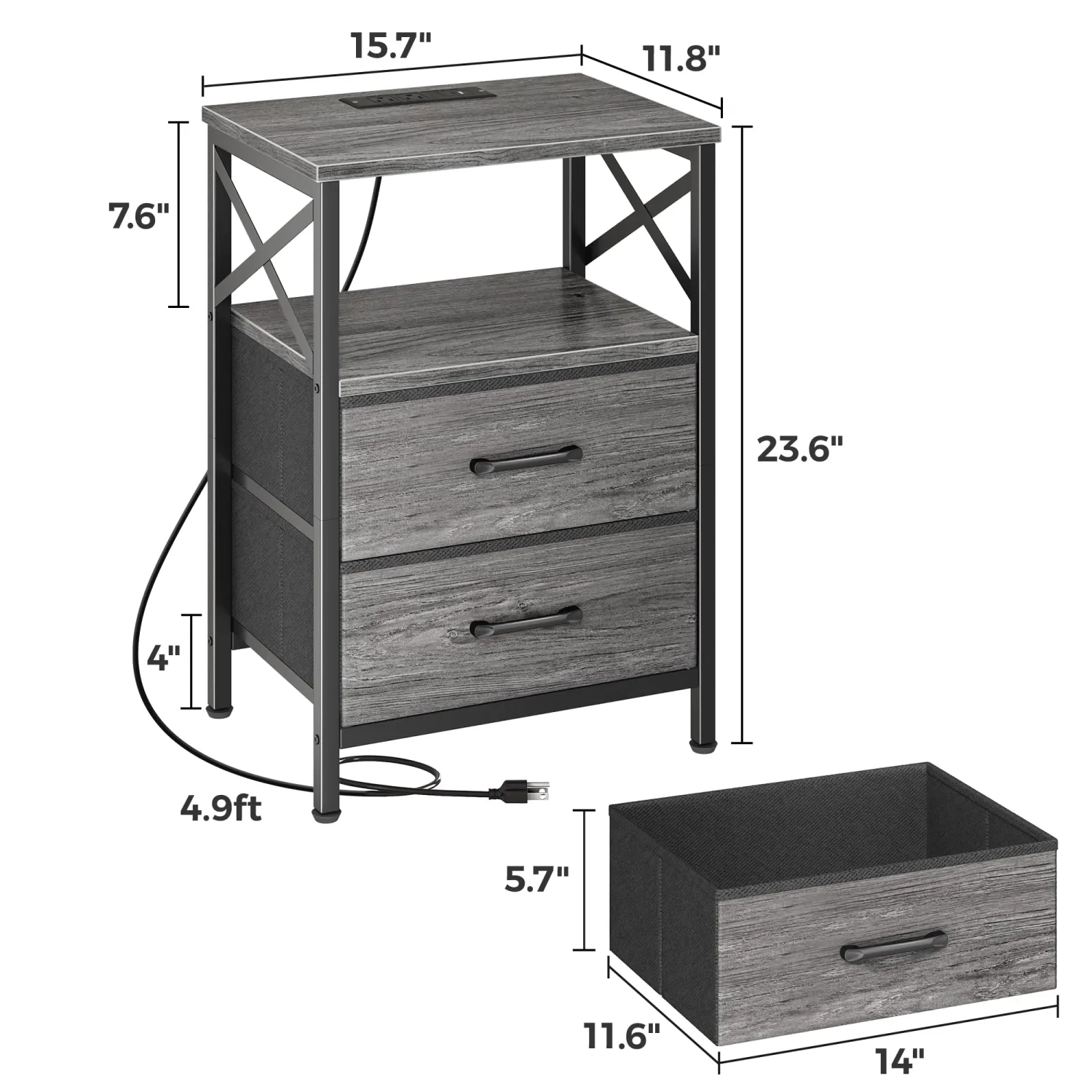 Huuger Nightstands Set of 2, Night Stand with Charger Station, 2 Drawer Side Table with Open Shelf, USB-C Port, End Table for Small Spaces, X Shaped Side Rail, Grey