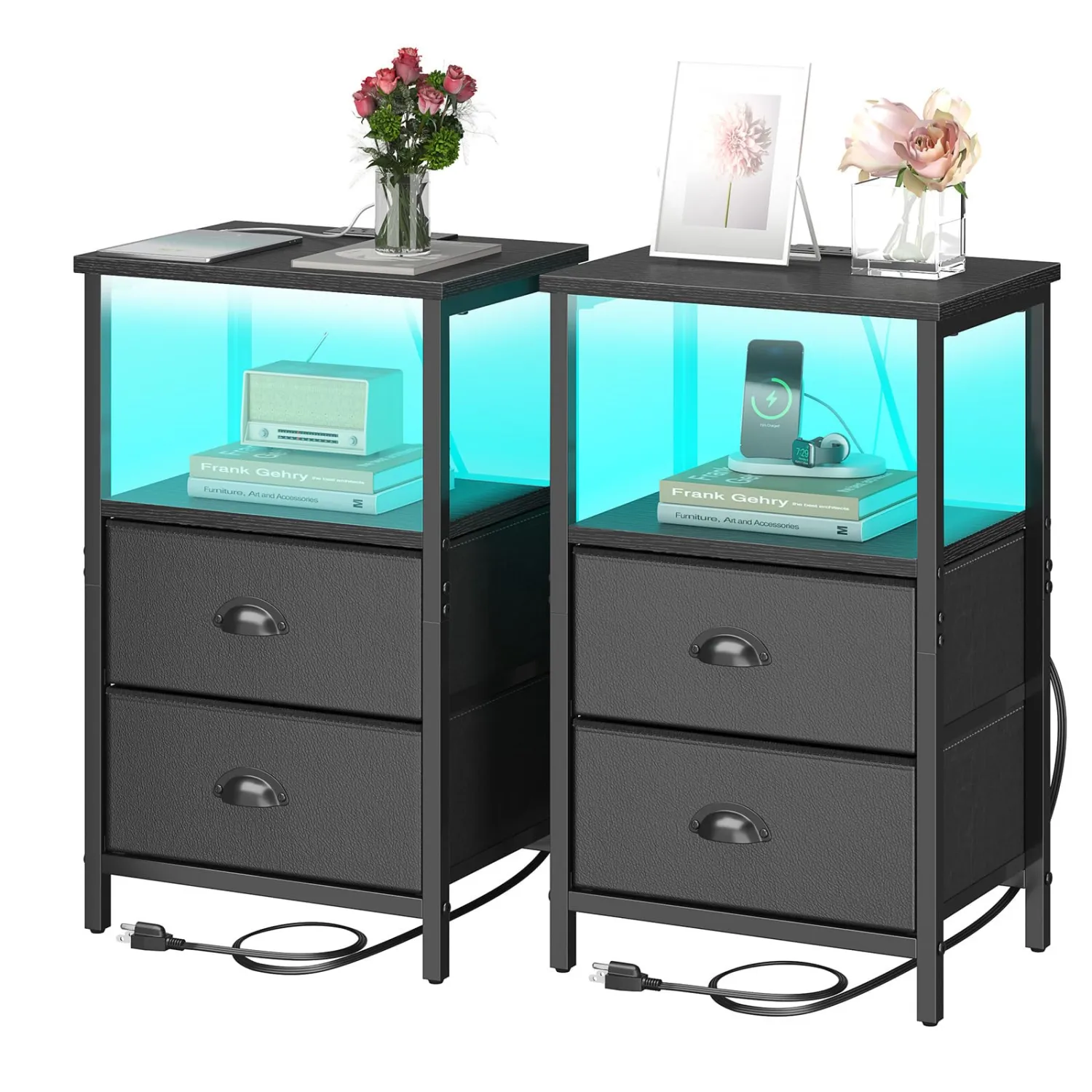 sthmec Nightstand with Charging Station, LED Night Stand Set 2, Bedside Table End Table Set of 2, Bedroom Table with 2 Fabric Drawers PU Finish, 3-Tier Storage Side Table for Bedroom,Black