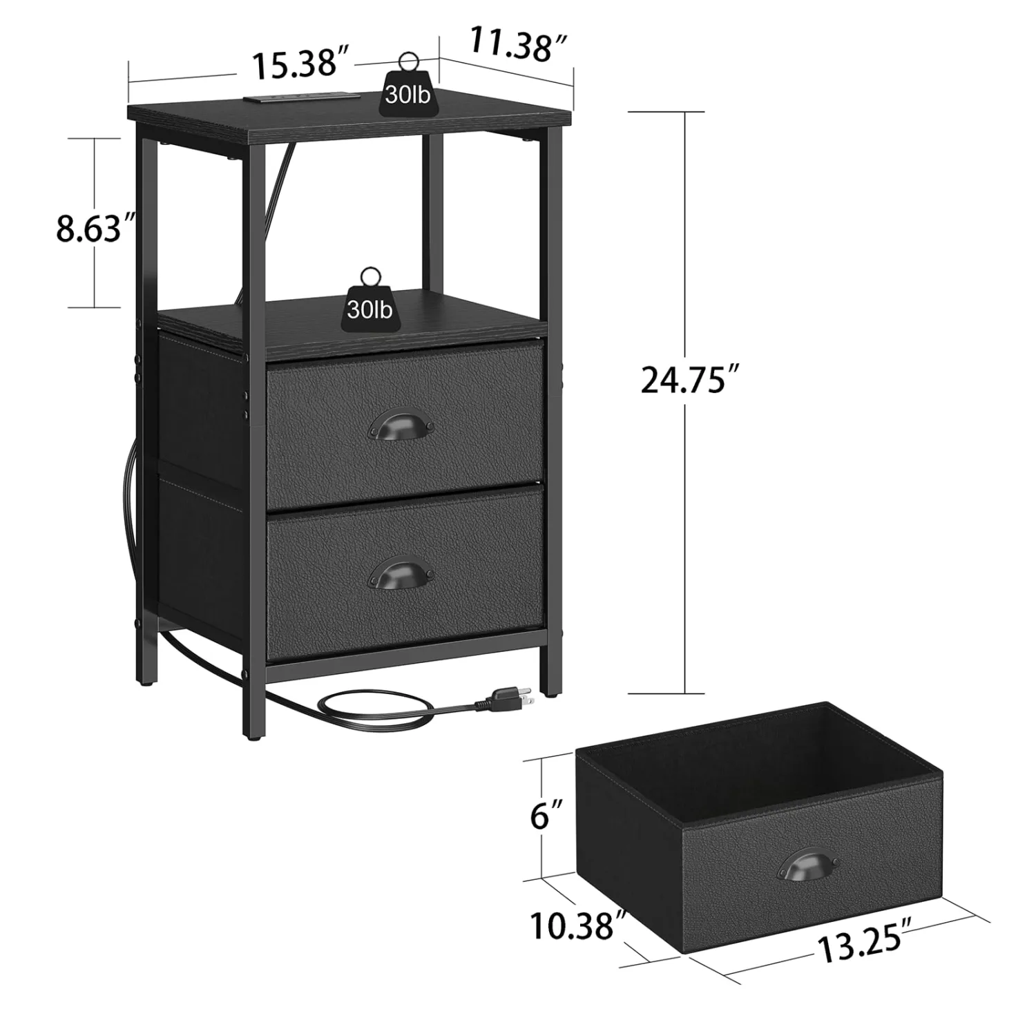sthmec Nightstand with Charging Station, LED Night Stand Set 2, Bedside Table End Table Set of 2, Bedroom Table with 2 Fabric Drawers PU Finish, 3-Tier Storage Side Table for Bedroom,Black
