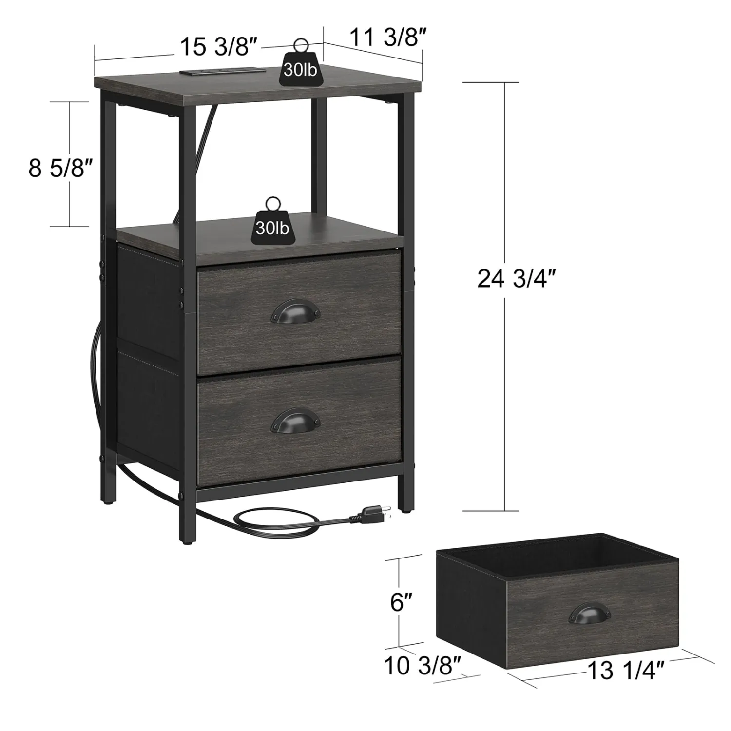 sthmec Nightstand with Charging Station, LED Night Stand with 2 Fabric Drawers, Bedside Tables End Table with Drawers, 2-Tier Storage Side Table Nightstand with Drawers for Bedroom, Black Oak