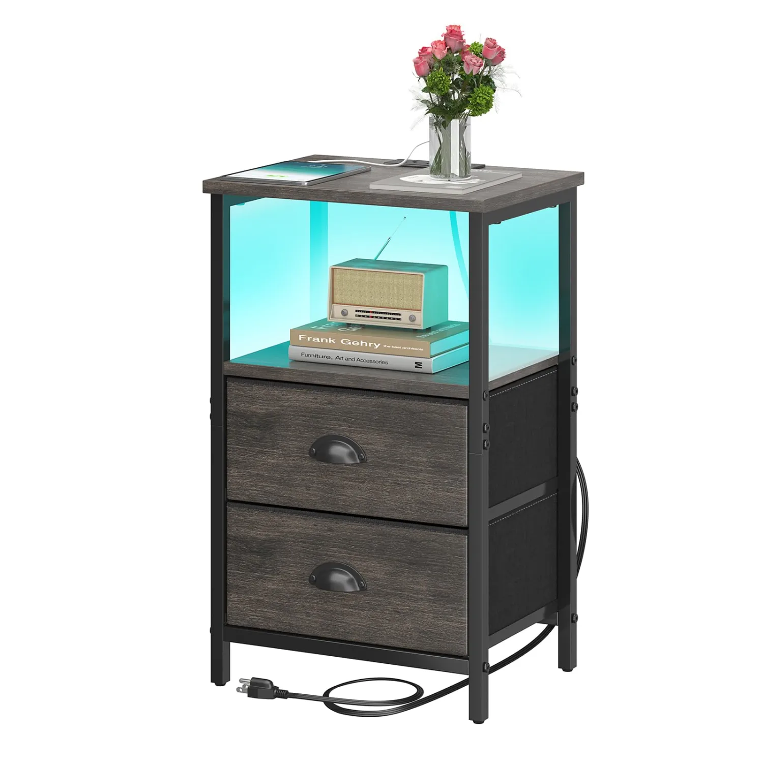 sthmec Nightstand with Charging Station, LED Night Stand with 2 Fabric Drawers, Bedside Tables End Table with Drawers, 2-Tier Storage Side Table Nightstand with Drawers for Bedroom, Black Oak