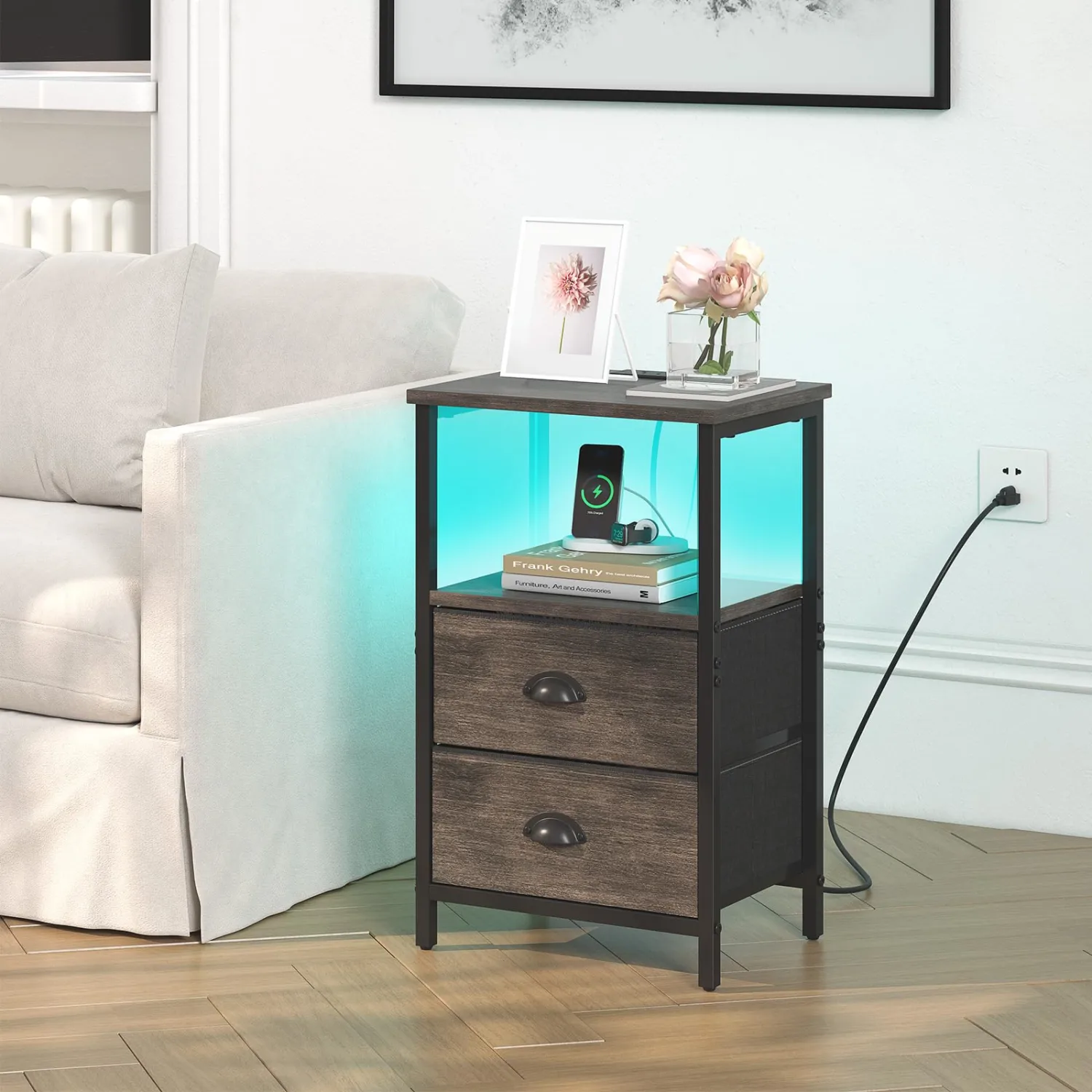 sthmec Nightstand with Charging Station, LED Night Stand with 2 Fabric Drawers, Bedside Tables End Table with Drawers, 2-Tier Storage Side Table Nightstand with Drawers for Bedroom, Black Oak